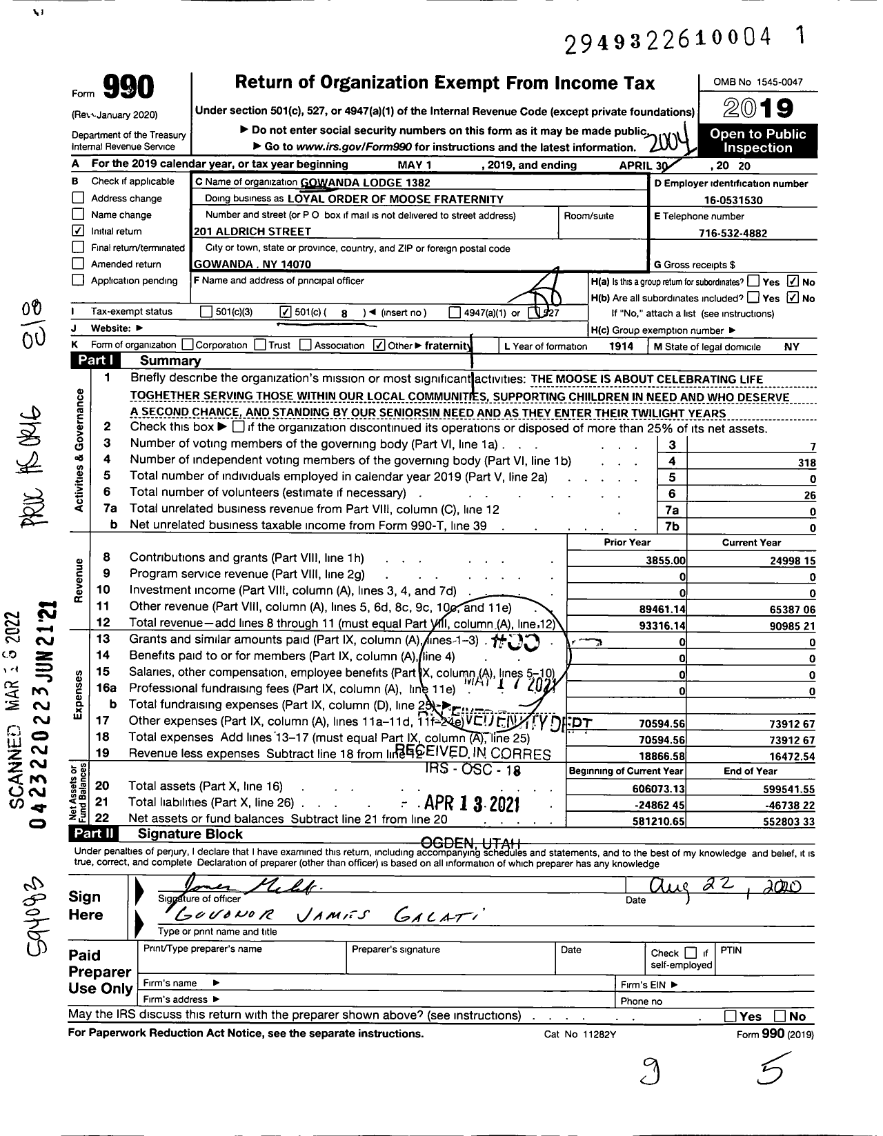 Image of first page of 2019 Form 990O for LOYAL ORDER of Moose - GOWANDA LODGE NO 1382 LOYAL ORDER of Moose