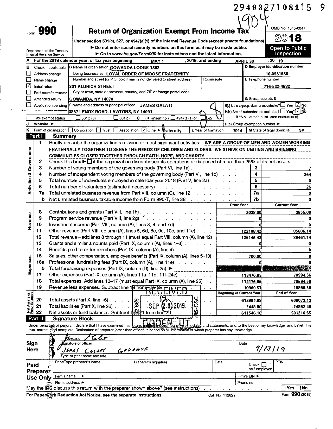 Image of first page of 2018 Form 990O for LOYAL ORDER of Moose - GOWANDA LODGE NO 1382 LOYAL ORDER of Moose