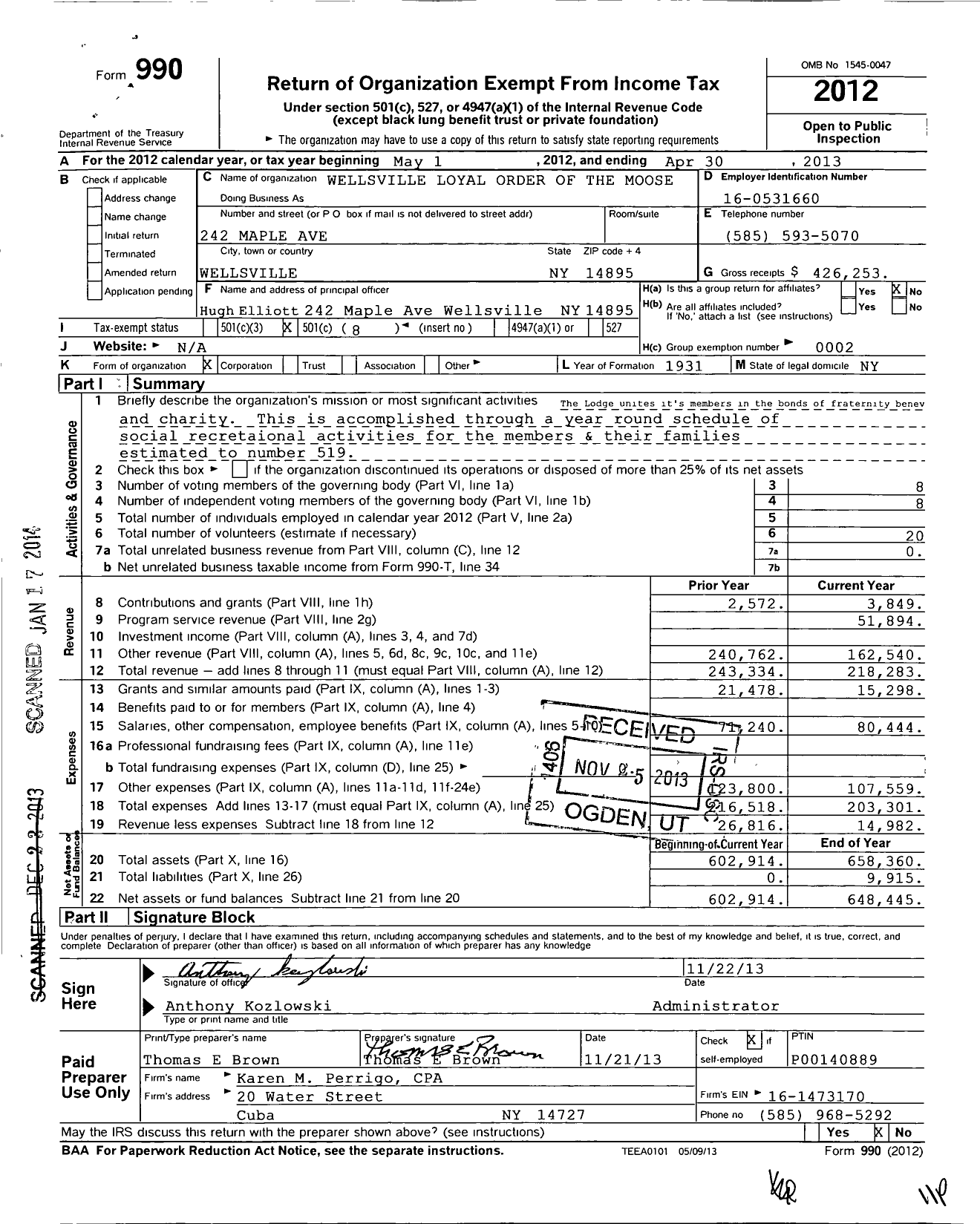 Image of first page of 2012 Form 990O for Wellsville Lodge No 601 Loyal Order of Moose