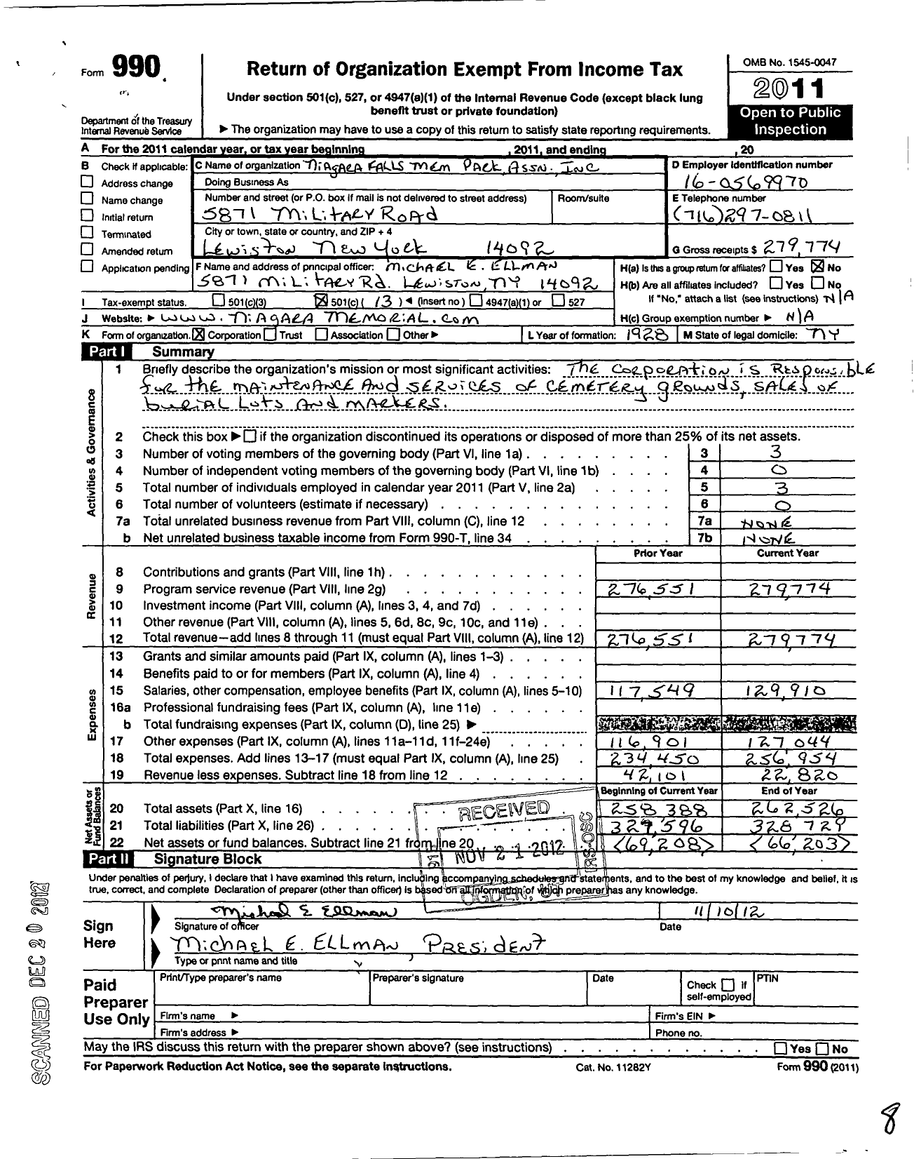 Image of first page of 2011 Form 990O for Niagara Falls Memorial Park Association