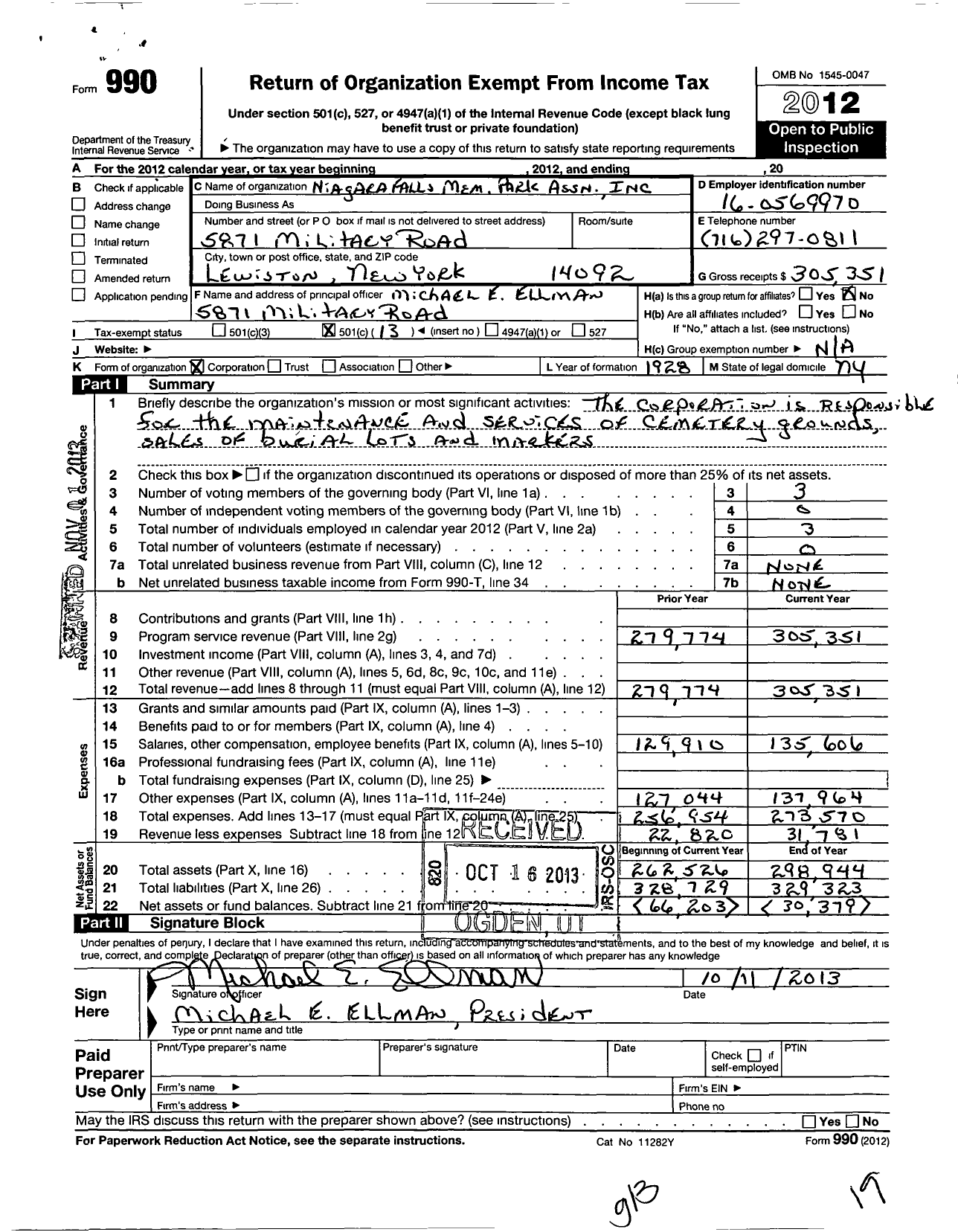 Image of first page of 2012 Form 990O for Niagara Falls Memorial Park Association