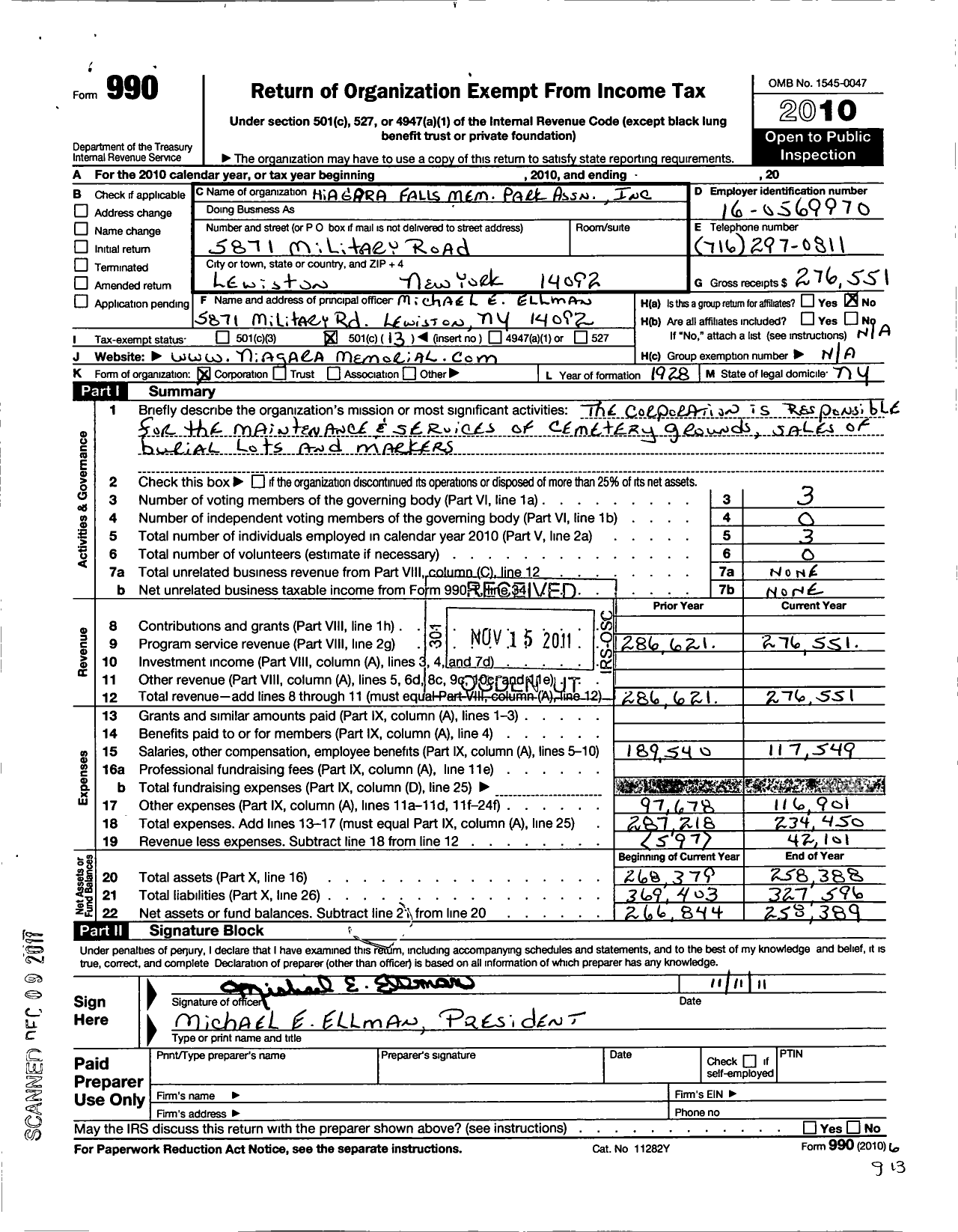 Image of first page of 2010 Form 990O for Niagara Falls Memorial Park Association