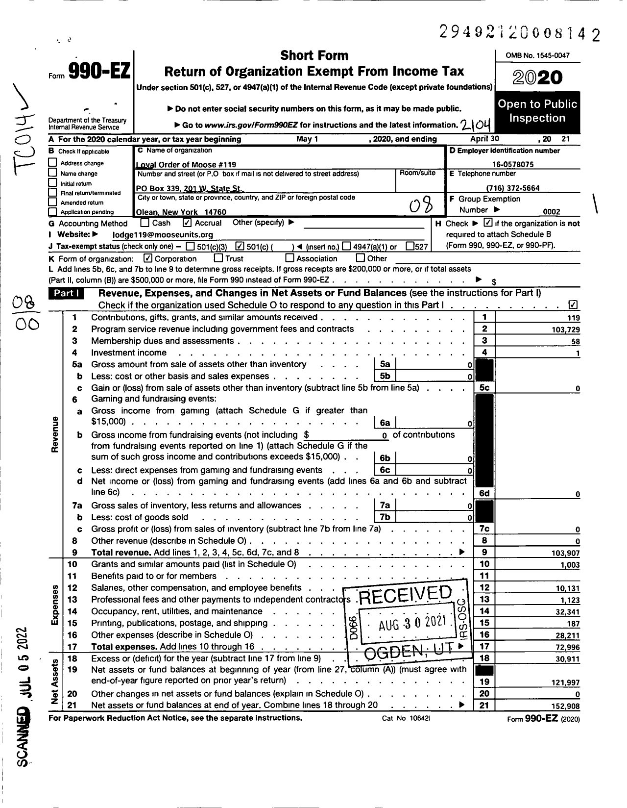 Image of first page of 2020 Form 990EO for Loyal Order of Moose - 119