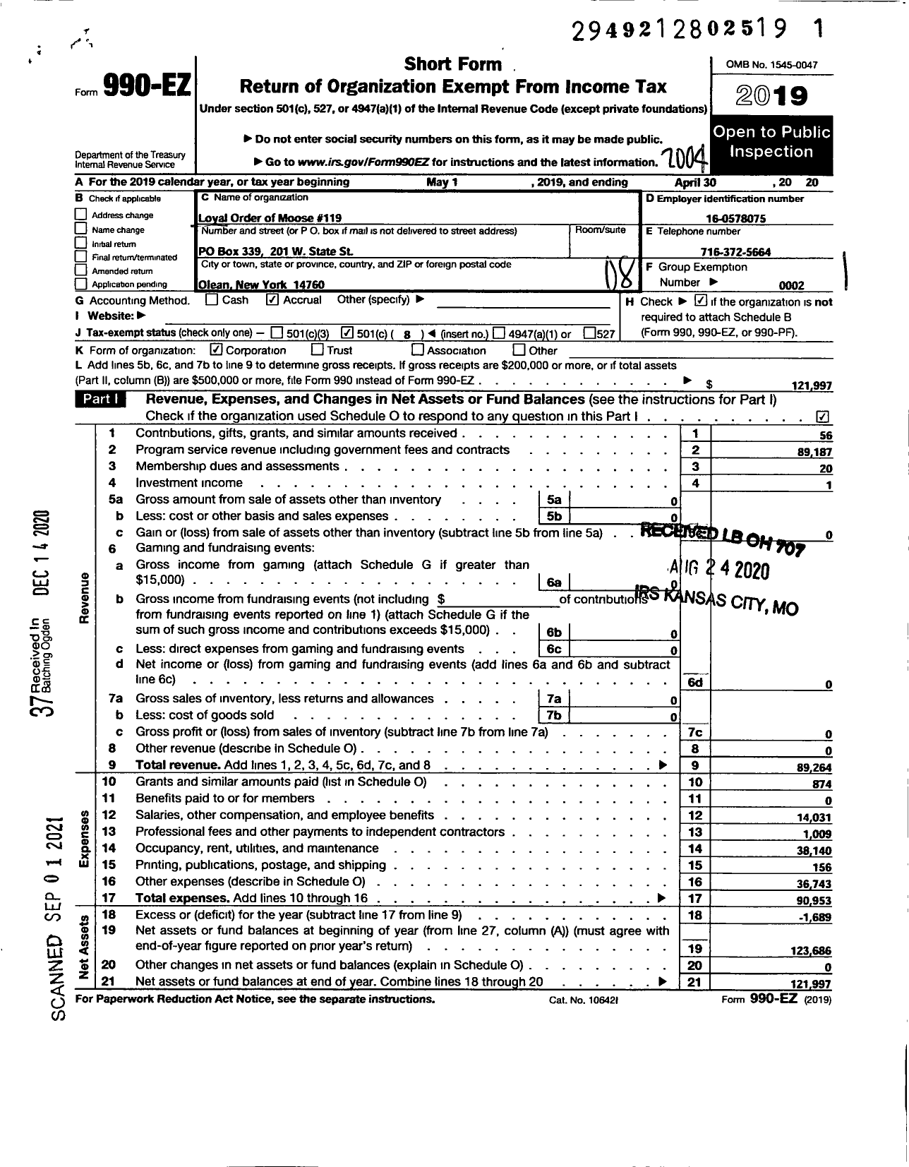 Image of first page of 2019 Form 990EO for Loyal Order of Moose - 119