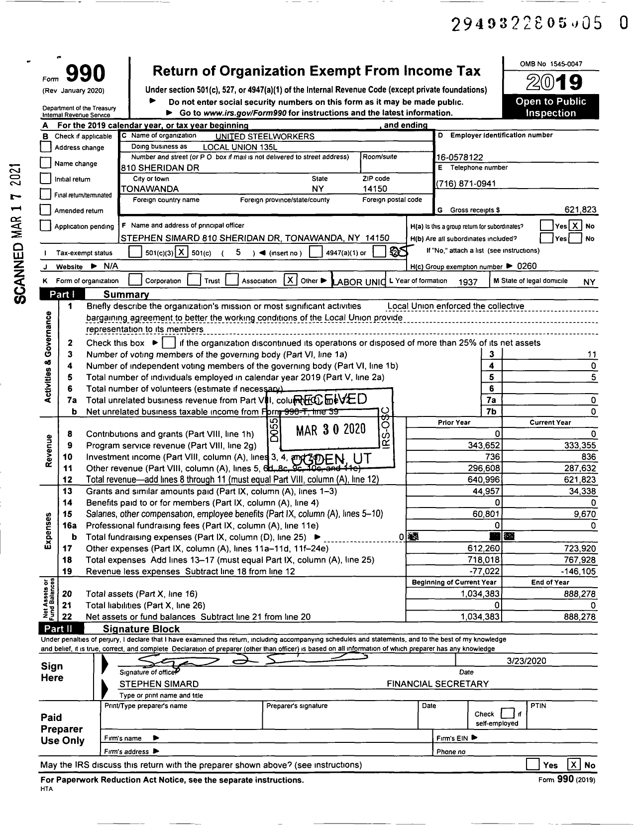 Image of first page of 2019 Form 990O for United Steelworkers - Local Union 135l