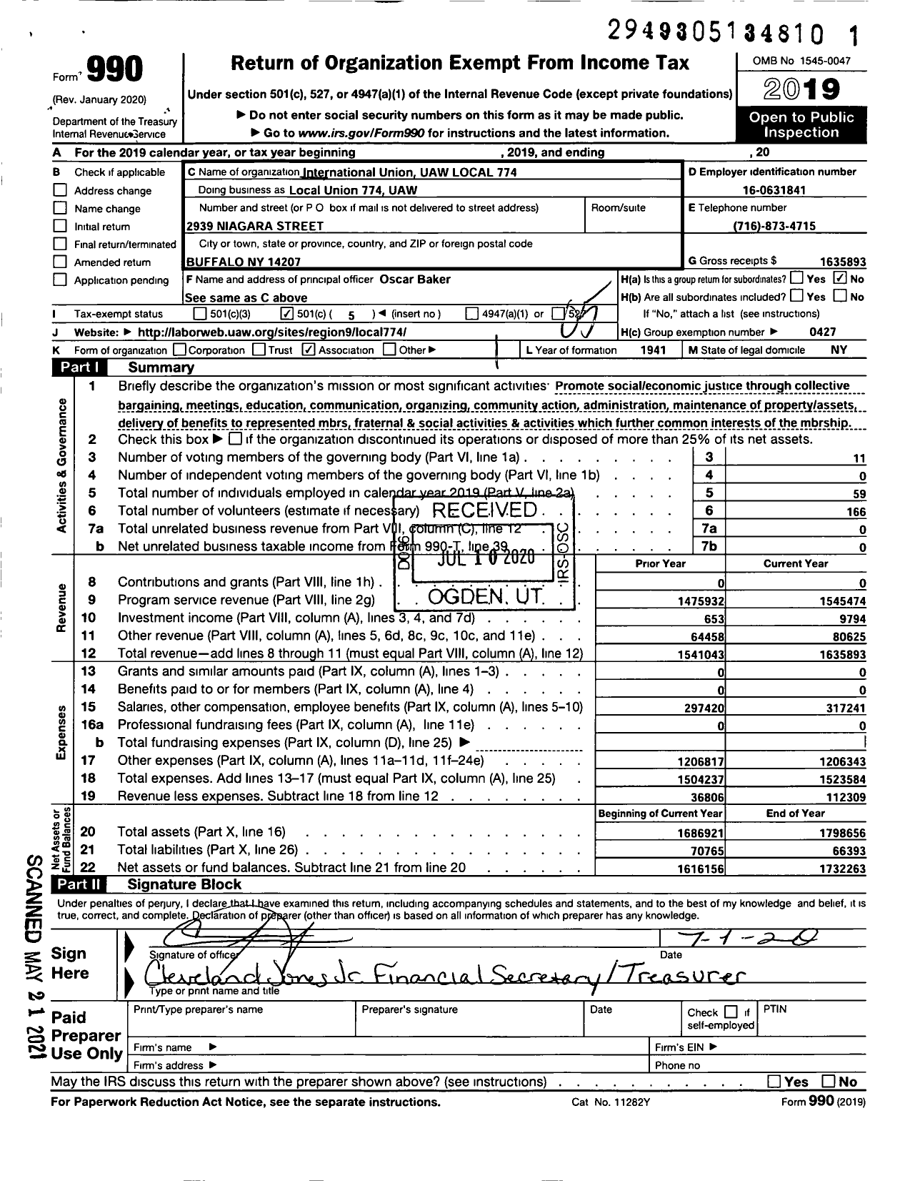 Image of first page of 2019 Form 990O for UAW - Local Union 774 UAW