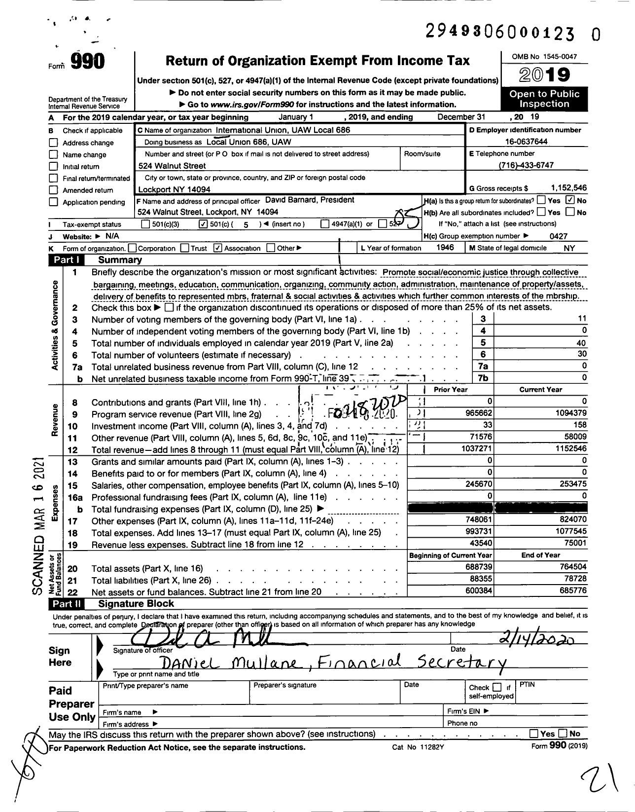 Image of first page of 2019 Form 990O for International Union UAW Local 686