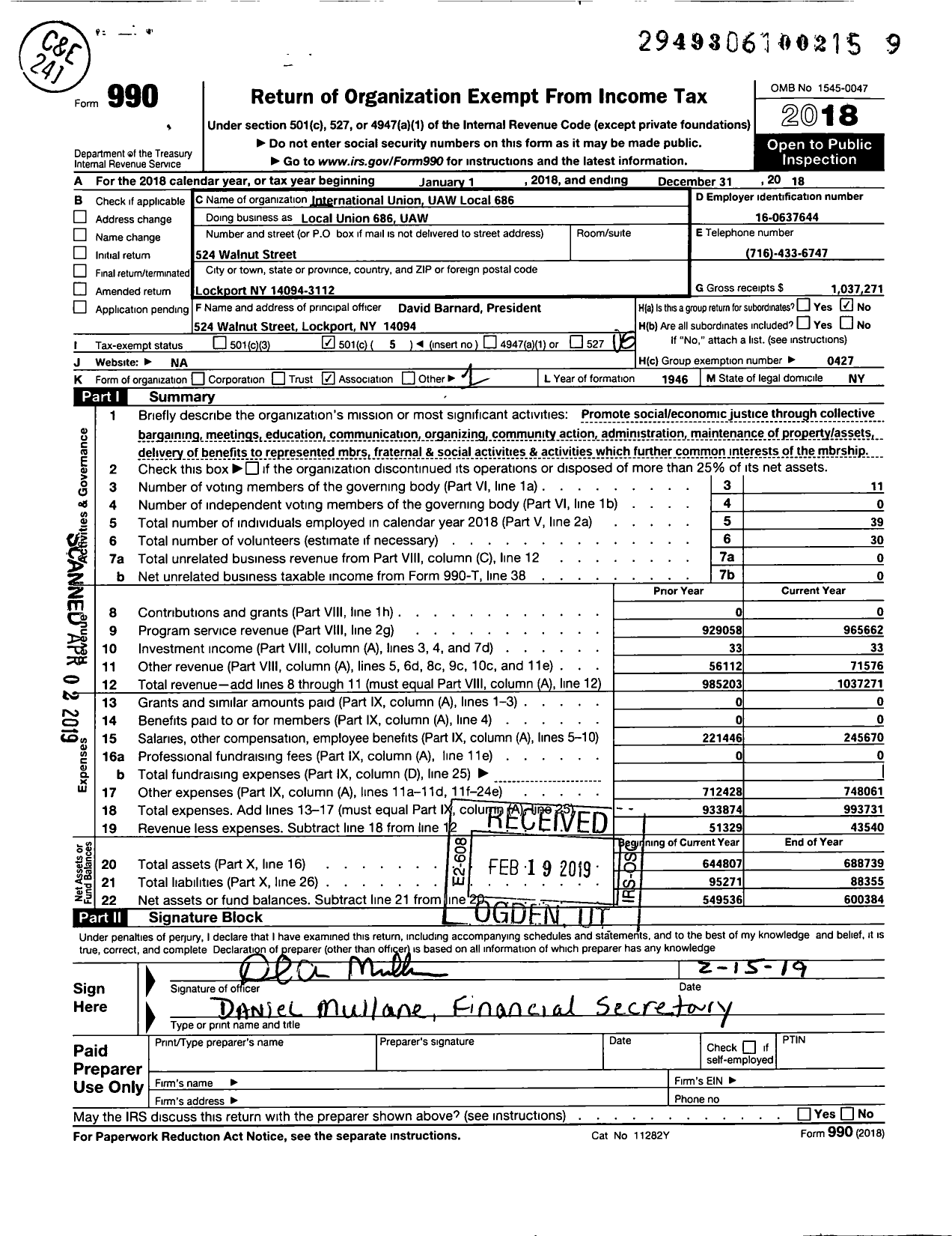 Image of first page of 2018 Form 990O for International Union UAW Local 686
