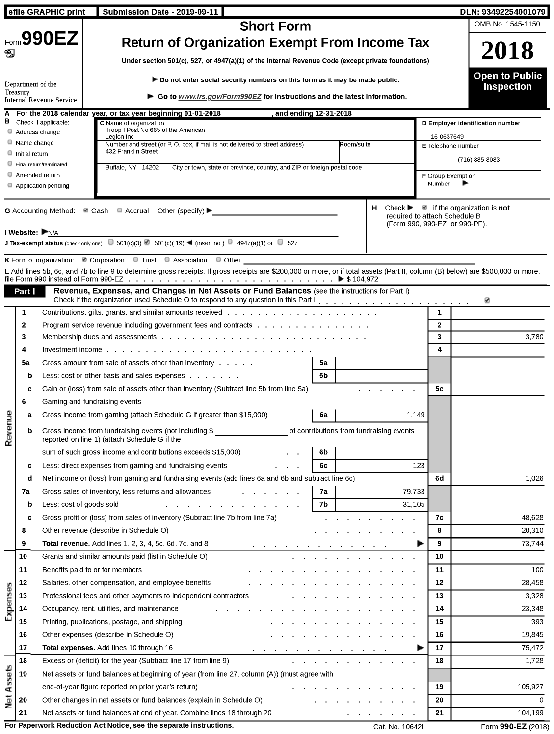 Image of first page of 2018 Form 990EZ for American Legion - 665 Post Troop I