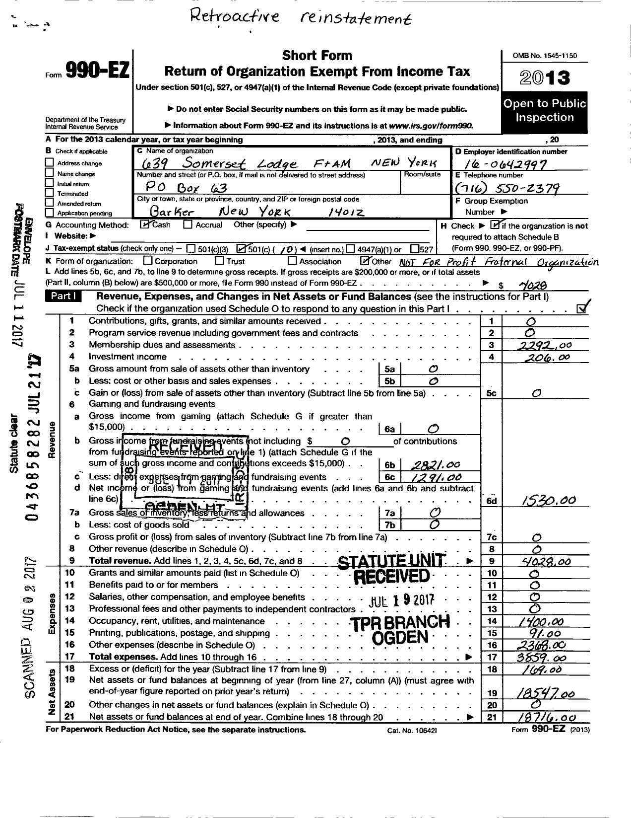 Image of first page of 2013 Form 990EO for 639 Somerset Lodge F Am New York