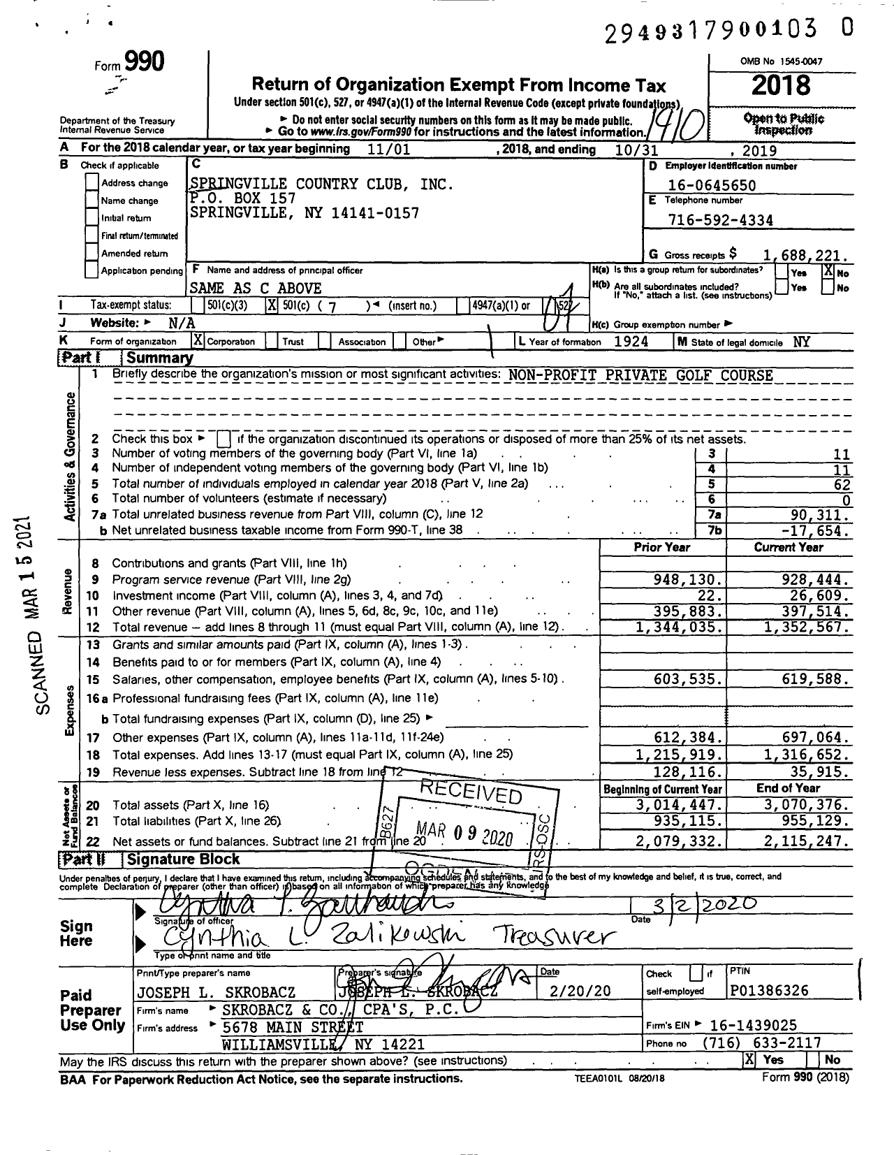 Image of first page of 2018 Form 990O for Springville Country Club