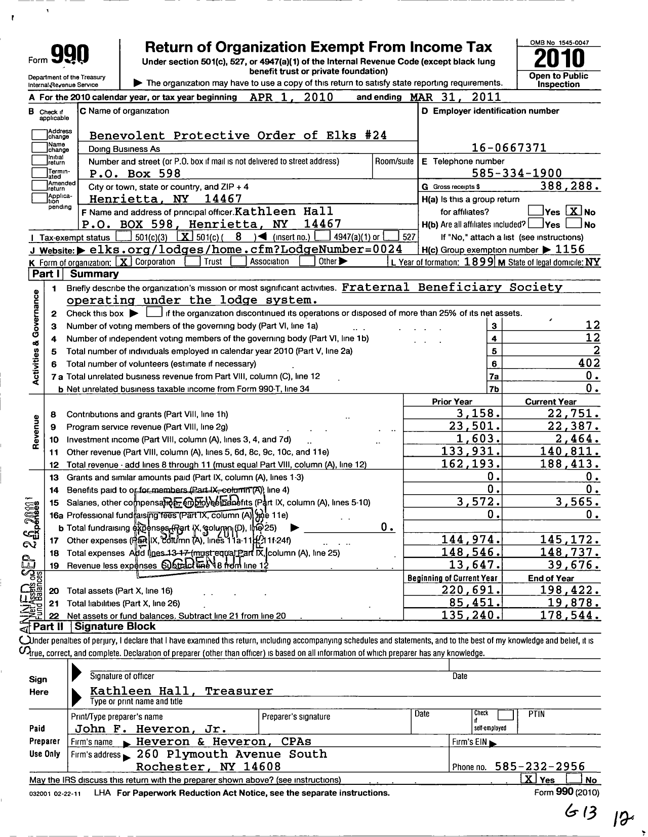 Image of first page of 2010 Form 990O for Elks Home Building Association of Rochester New York