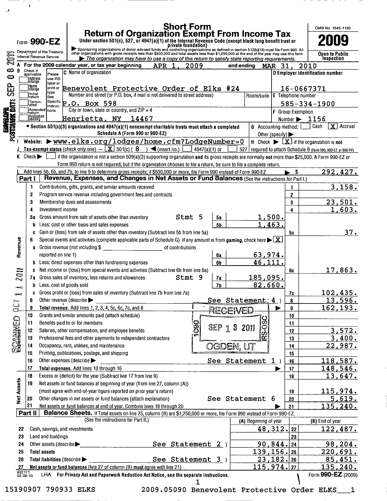 Image of first page of 2009 Form 990EO for Elks Home Building Association of Rochester New York