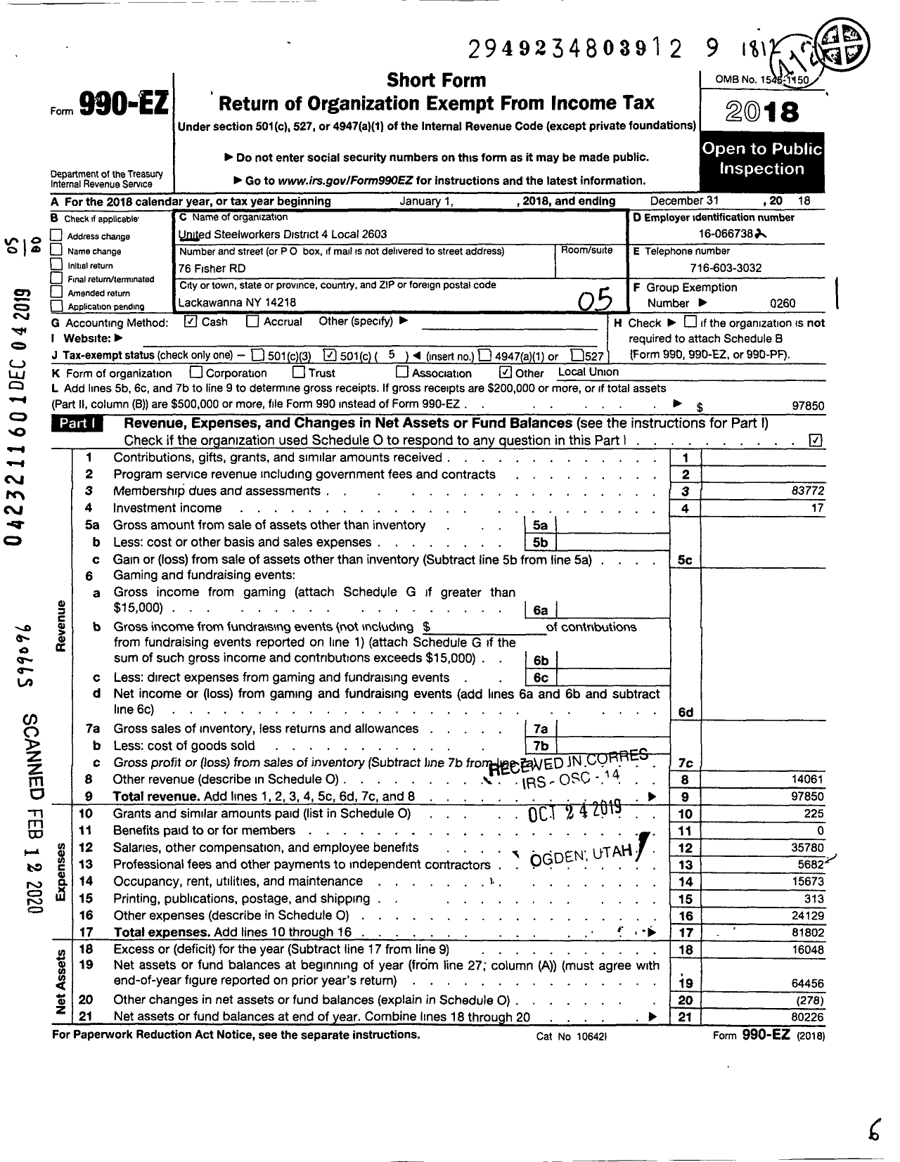 Image of first page of 2018 Form 990EO for United Steelworkers - 02603 Local