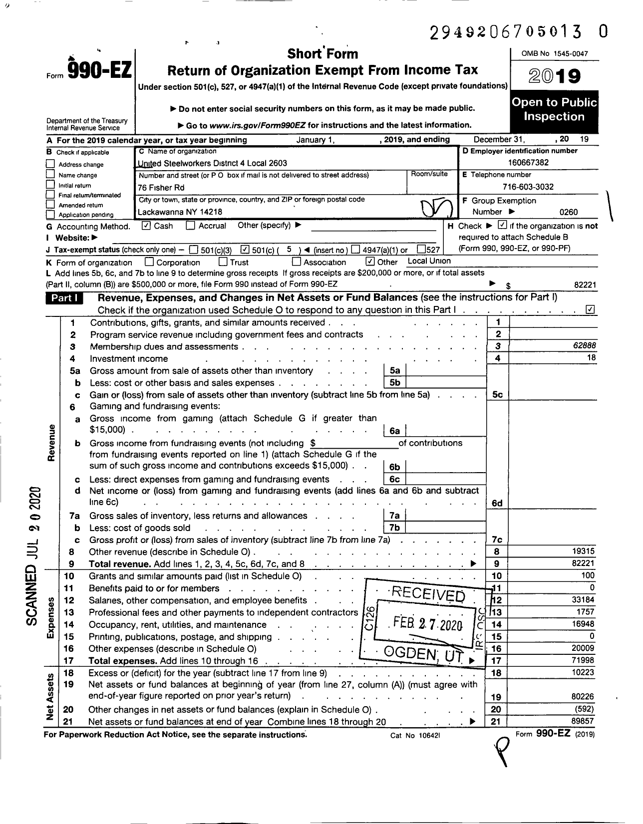 Image of first page of 2019 Form 990EO for United Steelworkers - 02603 Local