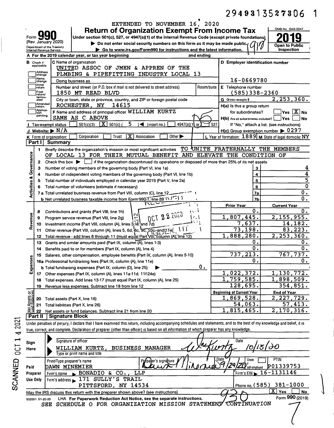 Image of first page of 2019 Form 990O for United Association - Local No 13