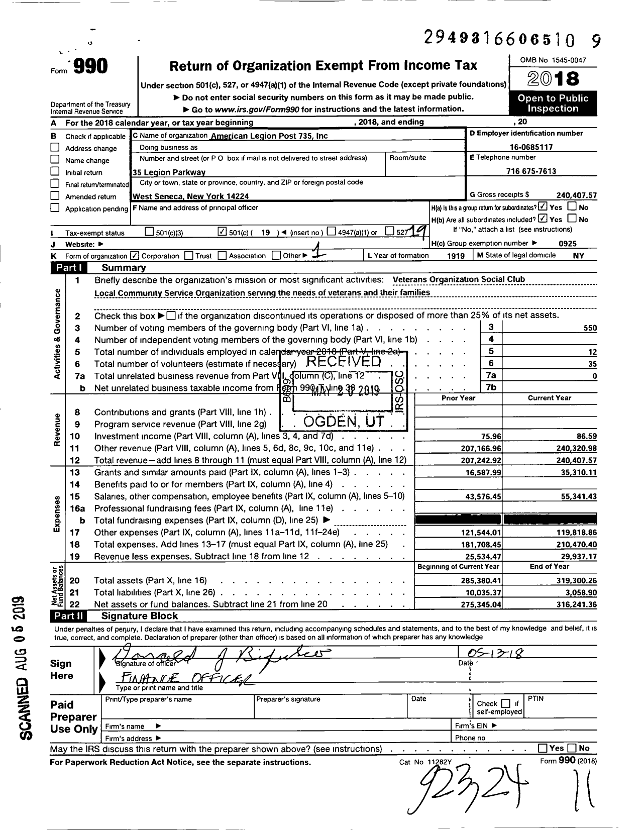 Image of first page of 2018 Form 990O for American Legion - 0735 West Seneca