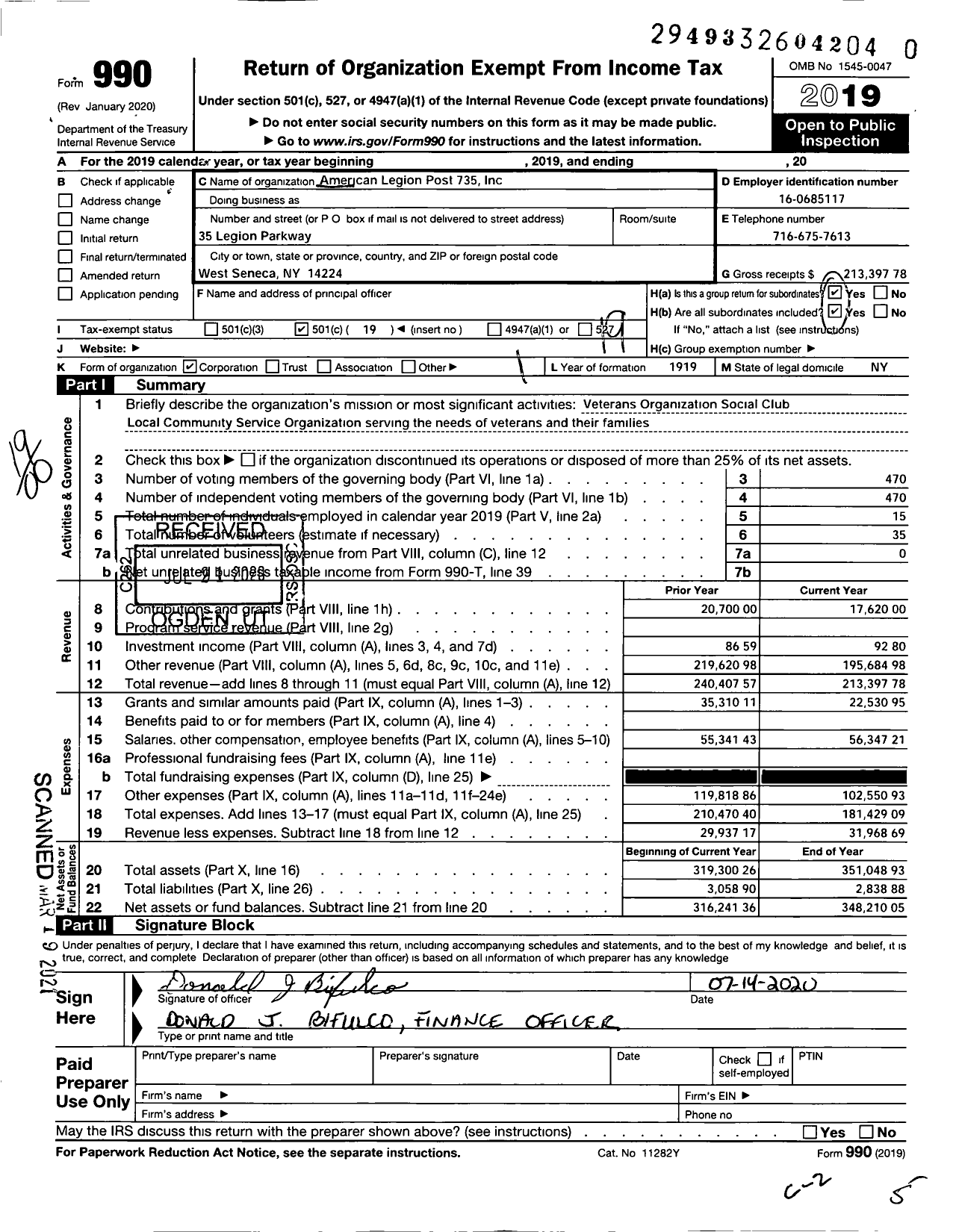 Image of first page of 2019 Form 990O for American Legion - 0735 West Seneca