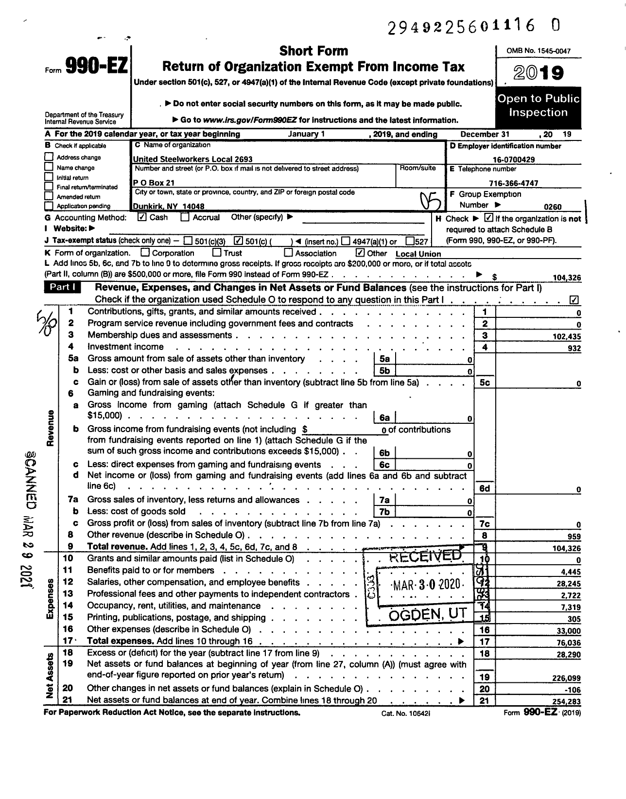 Image of first page of 2019 Form 990EO for United Steelworkers - 02693 Local