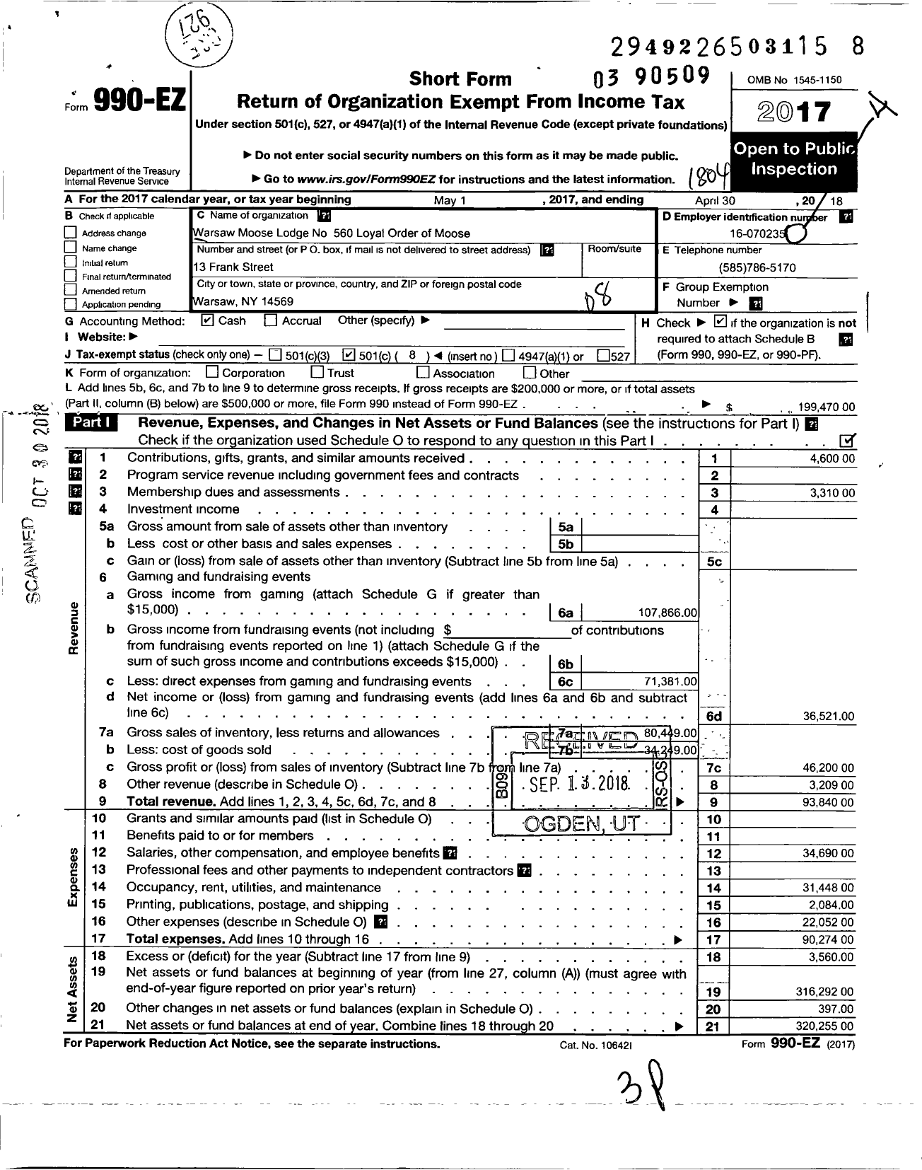 Image of first page of 2017 Form 990EO for Loyal Order of Moose - 560