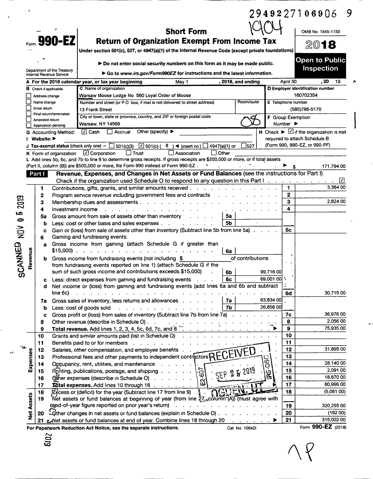 Image of first page of 2018 Form 990EO for Loyal Order of Moose - 560