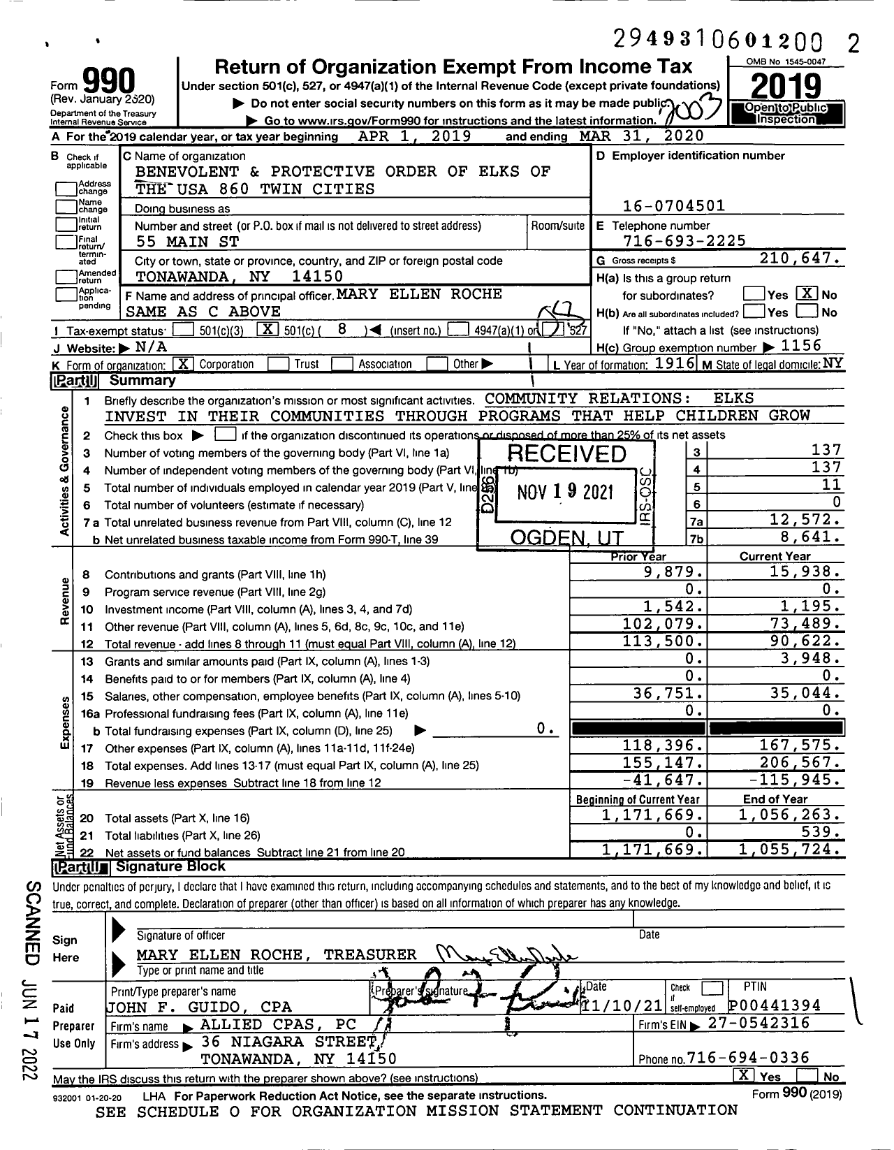 Image of first page of 2019 Form 990O for Benevolent and Protective Order Of Elks - 860 Twin Cities