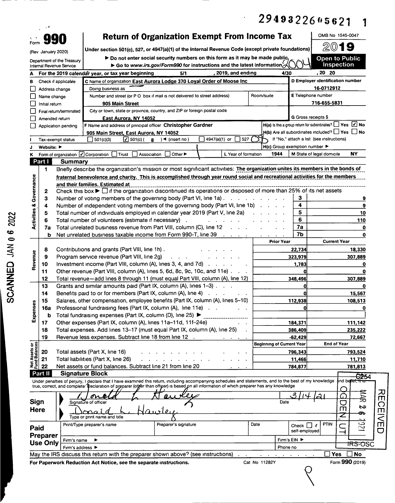 Image of first page of 2019 Form 990O for Loyal Order of Moose - 370