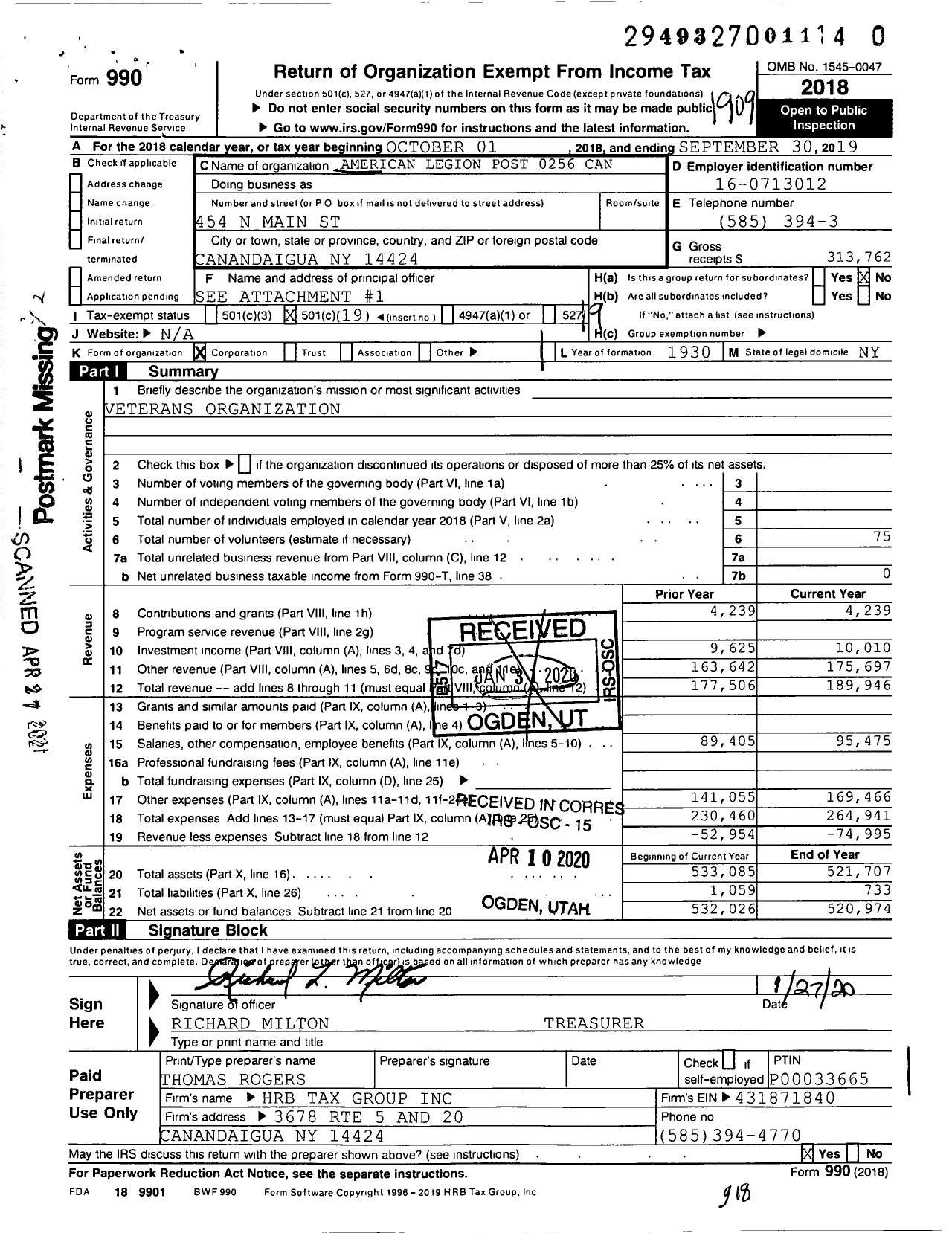 Image of first page of 2018 Form 990O for American Legion - 0256 Canandaigua Post