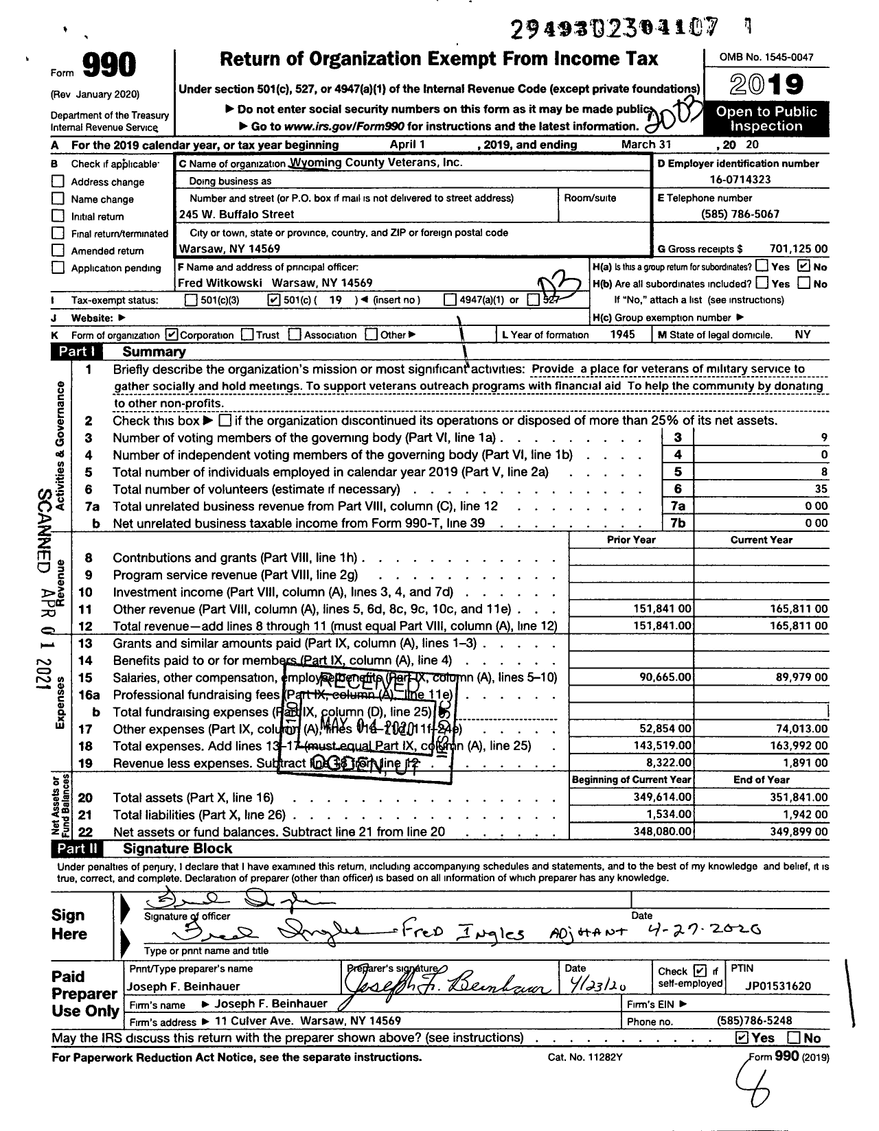 Image of first page of 2019 Form 990 for Wyoming County Veterans