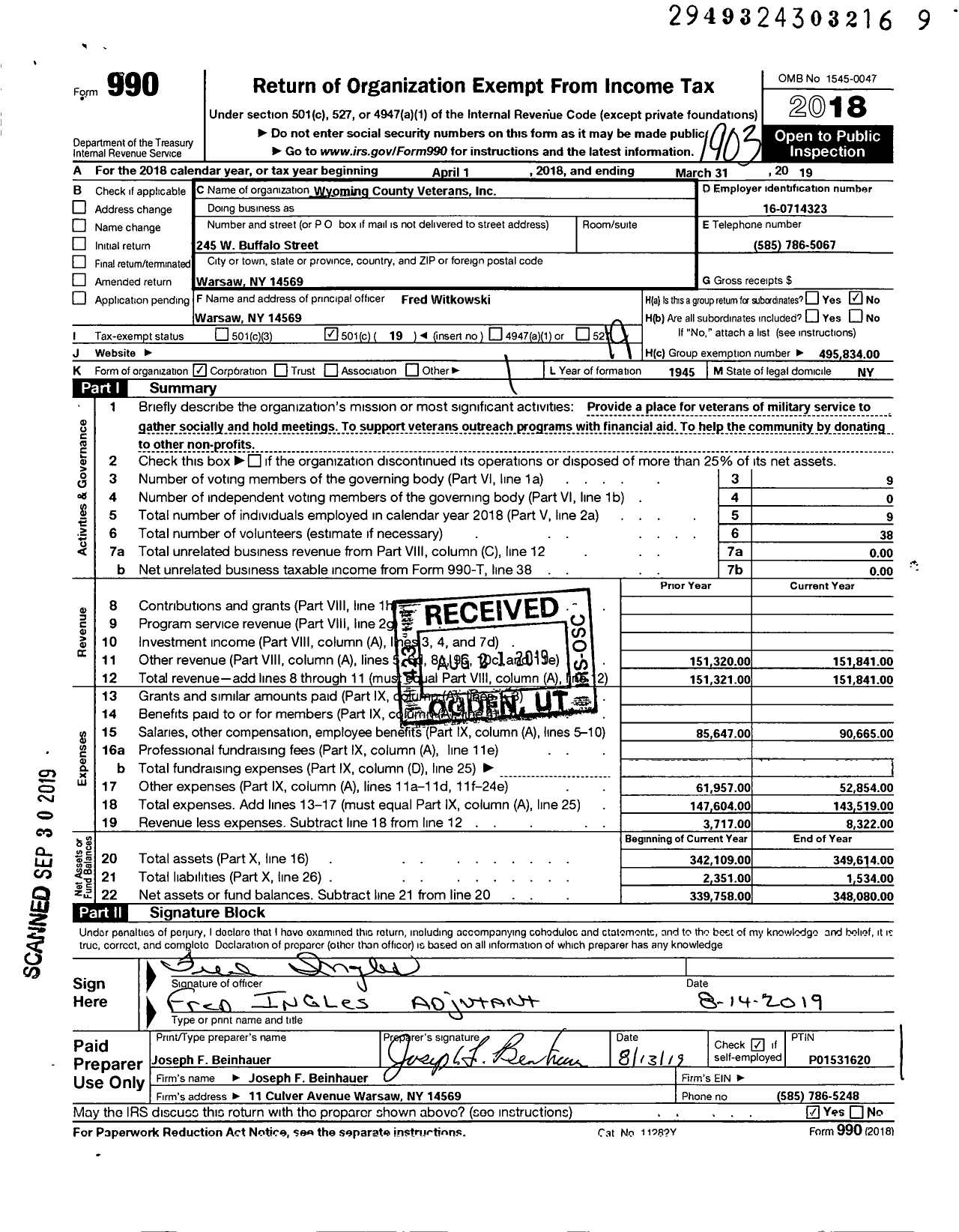 Image of first page of 2018 Form 990O for Wyoming County Veterans