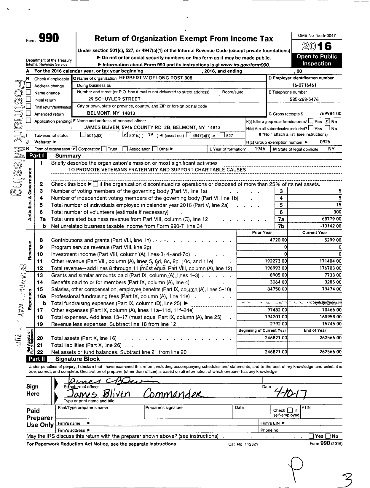 Image of first page of 2016 Form 990O for American Legion - 0808 Herbert W de Long