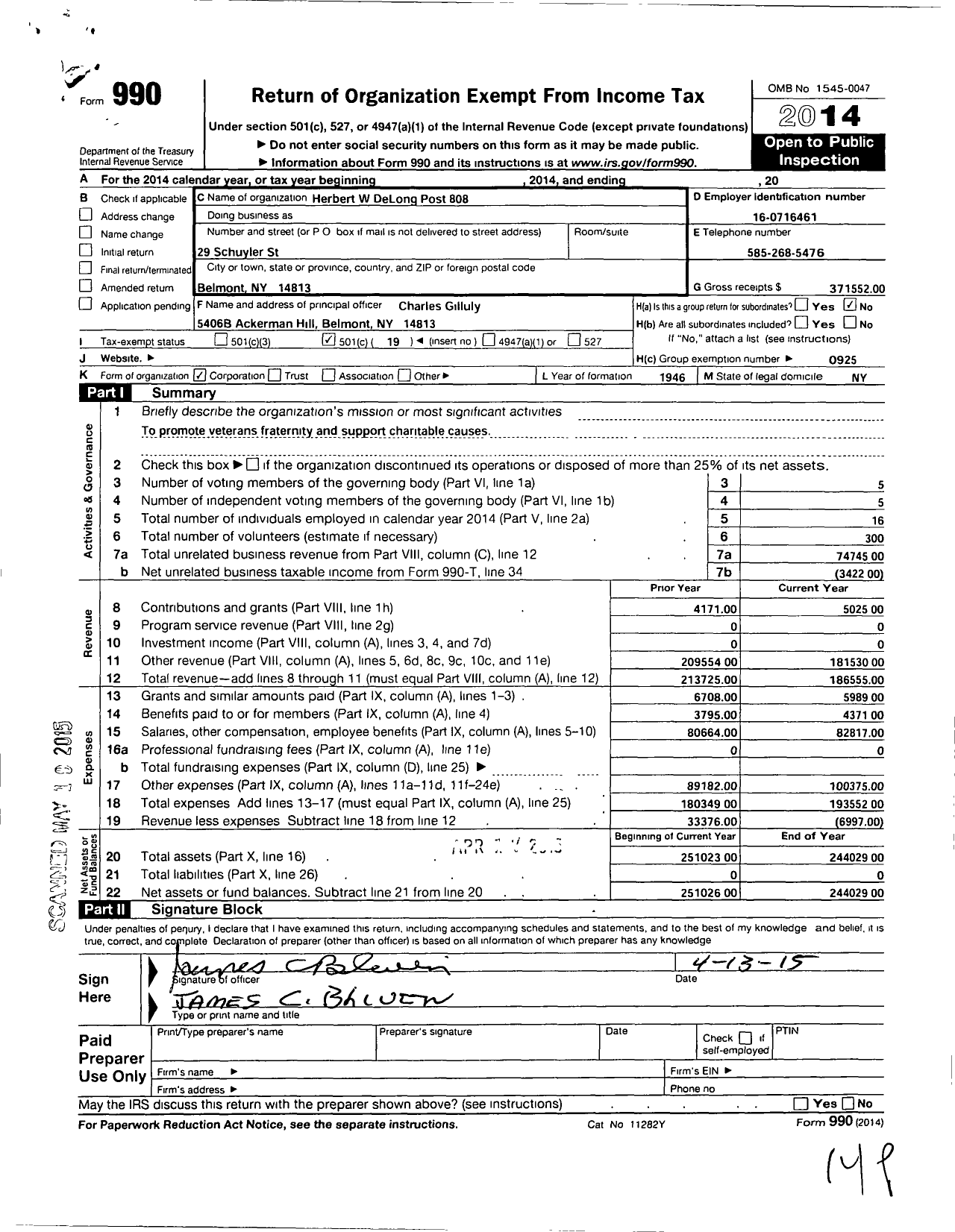 Image of first page of 2014 Form 990O for American Legion - 0808 Herbert W de Long