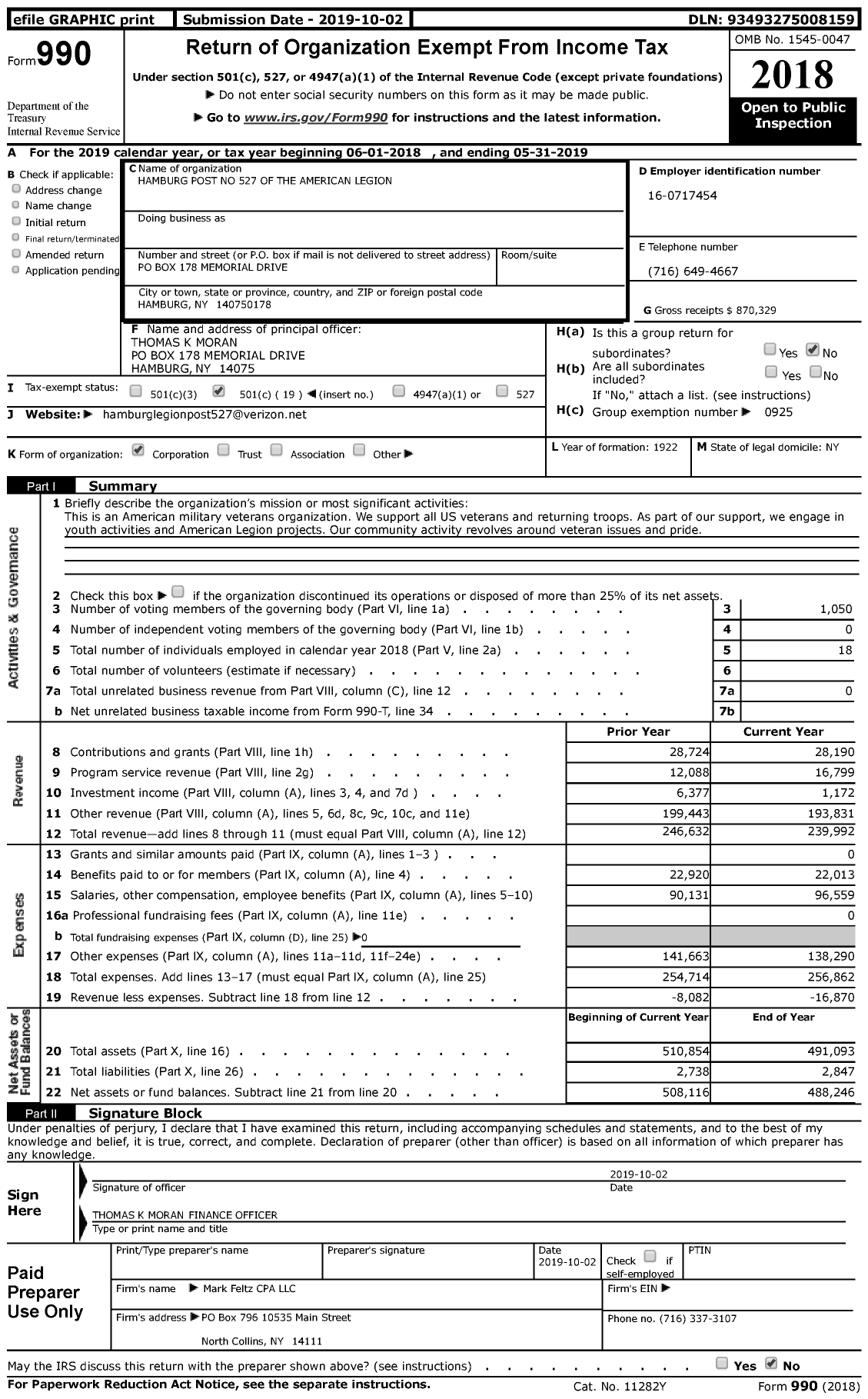 Image of first page of 2018 Form 990 for American Legion - 527 Hamburg Post