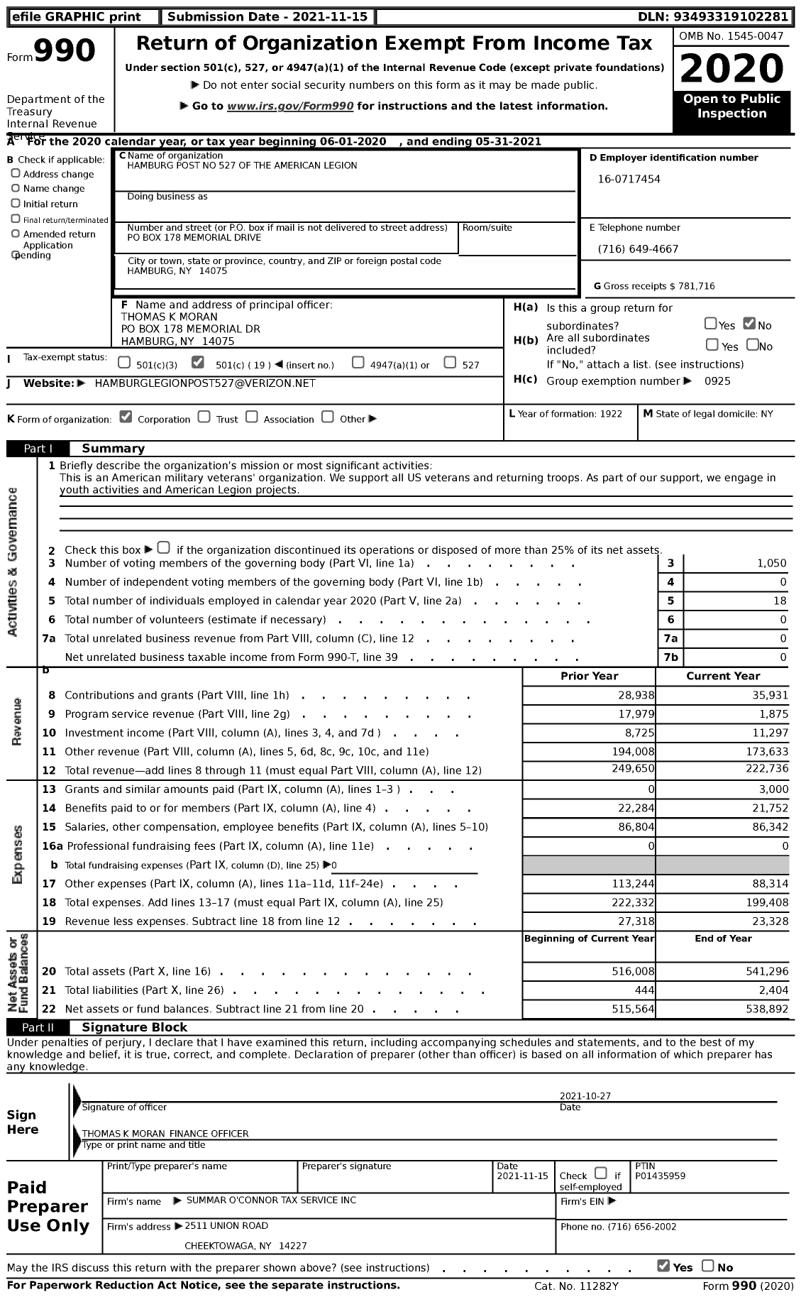 Image of first page of 2020 Form 990 for American Legion - 527 Hamburg Post