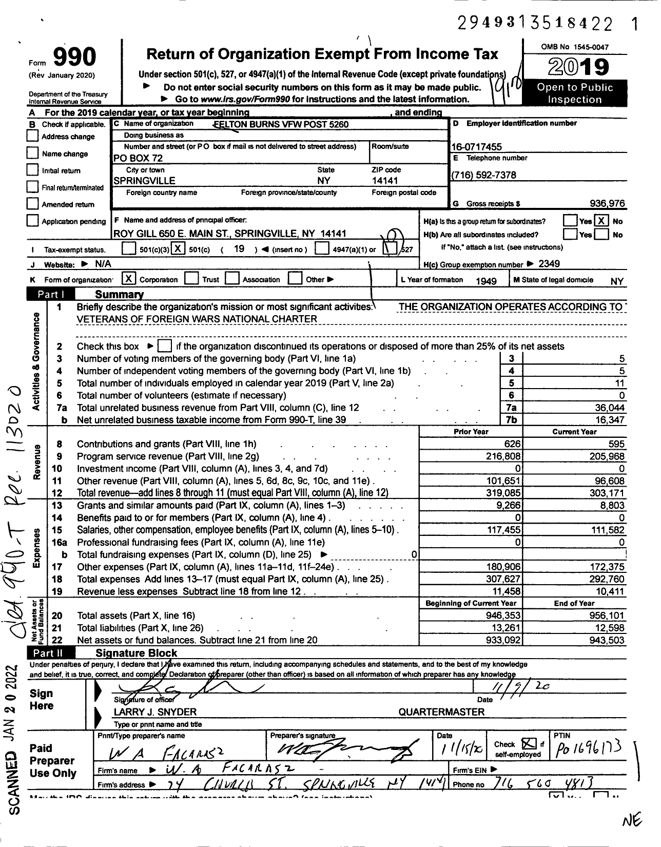 Image of first page of 2019 Form 990O for Department of Ny VFW - 5260 VFW Post