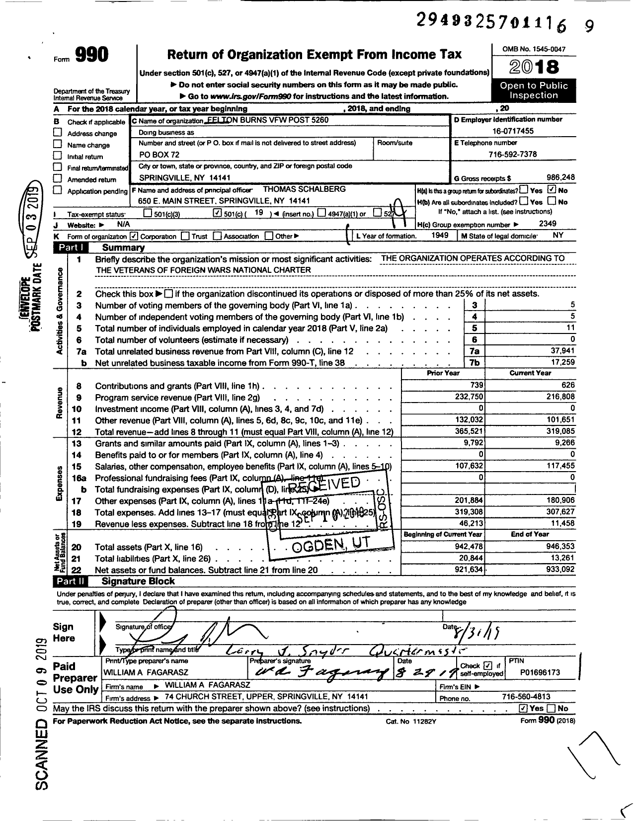 Image of first page of 2018 Form 990O for Department of Ny VFW - 5260 VFW Post