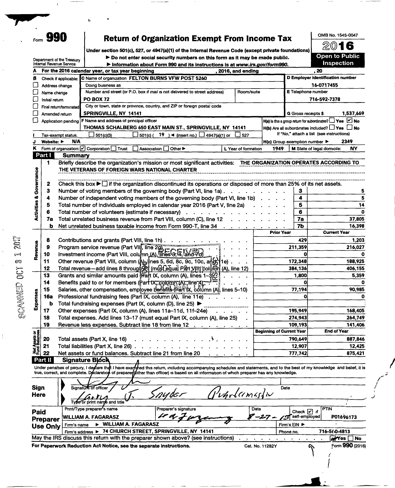 Image of first page of 2016 Form 990O for Department of Ny VFW - 5260 VFW Post