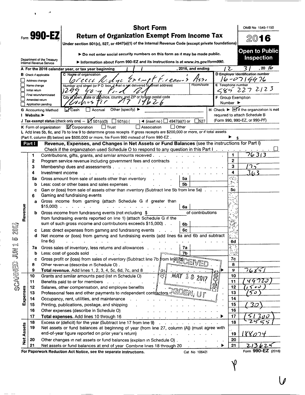 Image of first page of 2016 Form 990EZ for Greece Ridge Exempt Fireman's Association