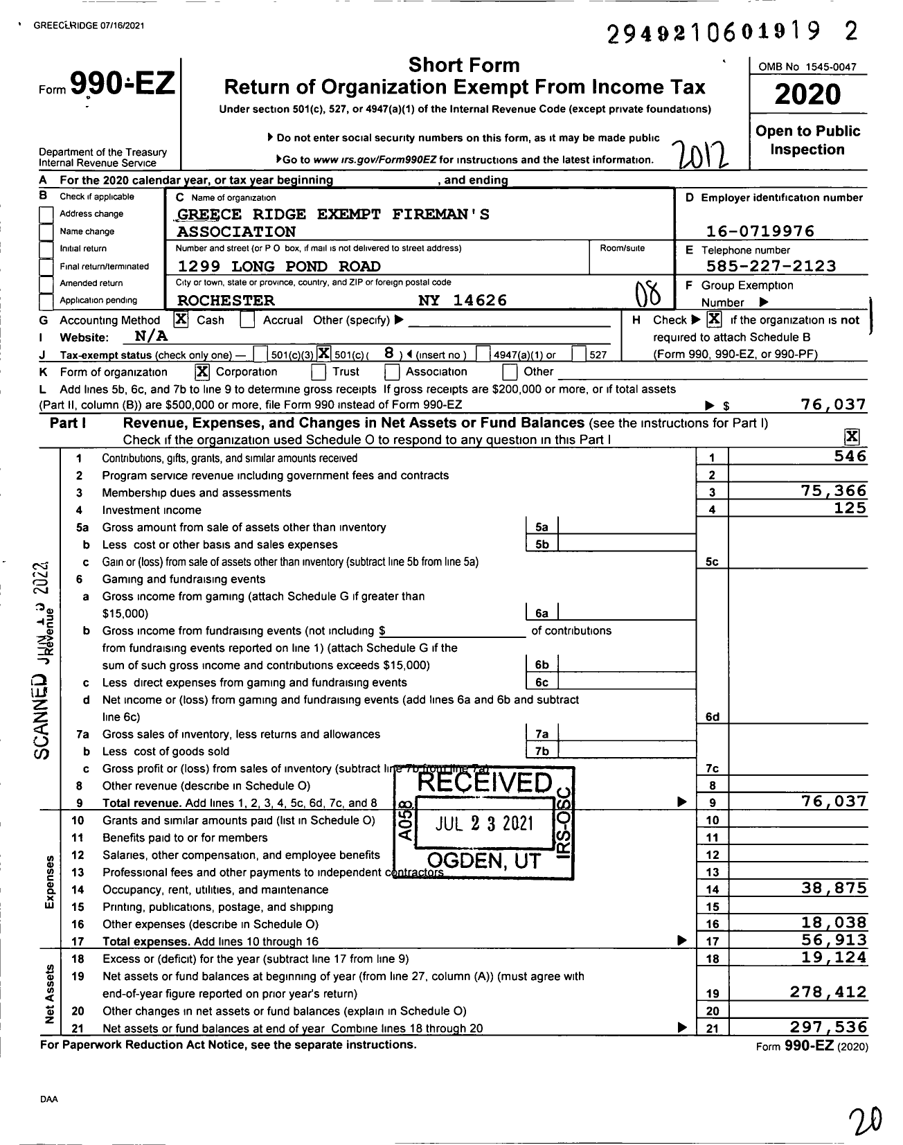 Image of first page of 2020 Form 990EO for Greece Ridge Exempt Fireman's Association