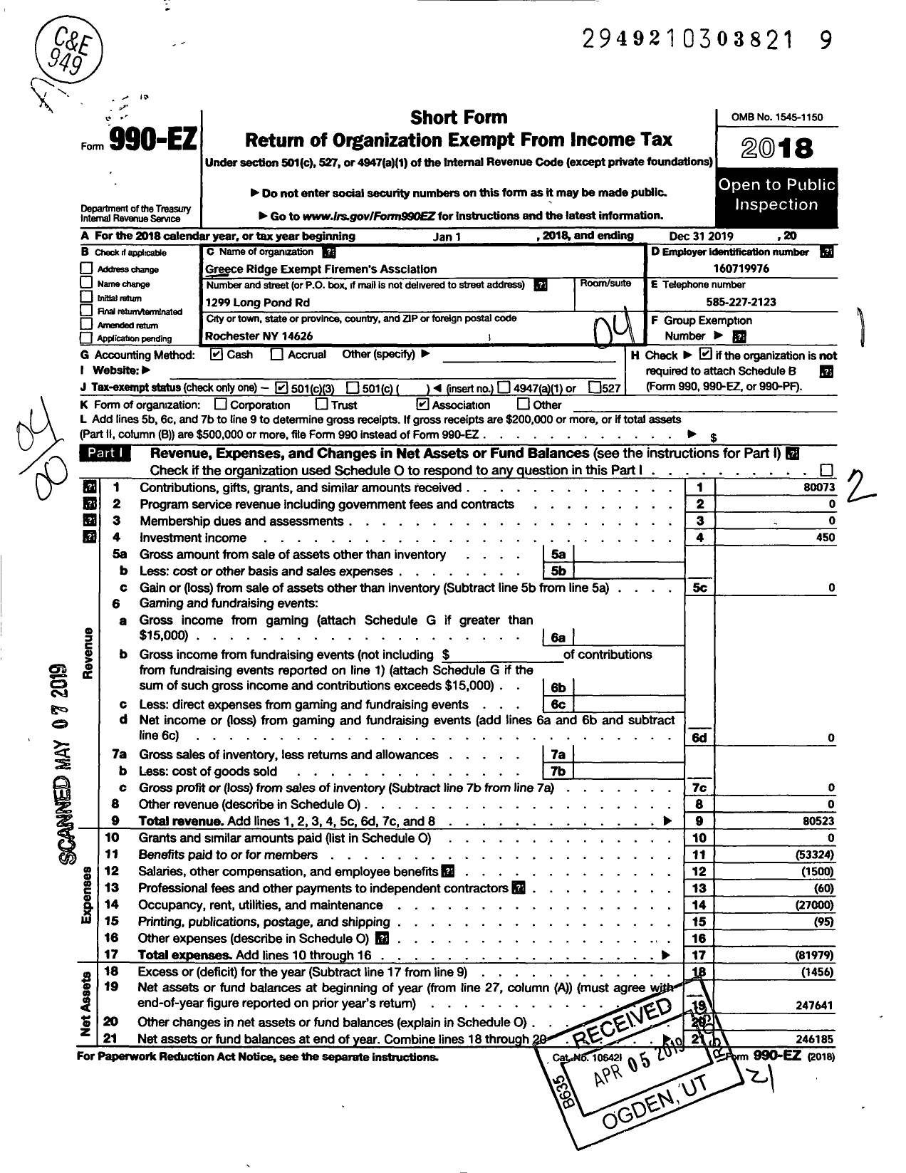 Image of first page of 2019 Form 990EO for Greece Ridge Exempt Fireman's Association