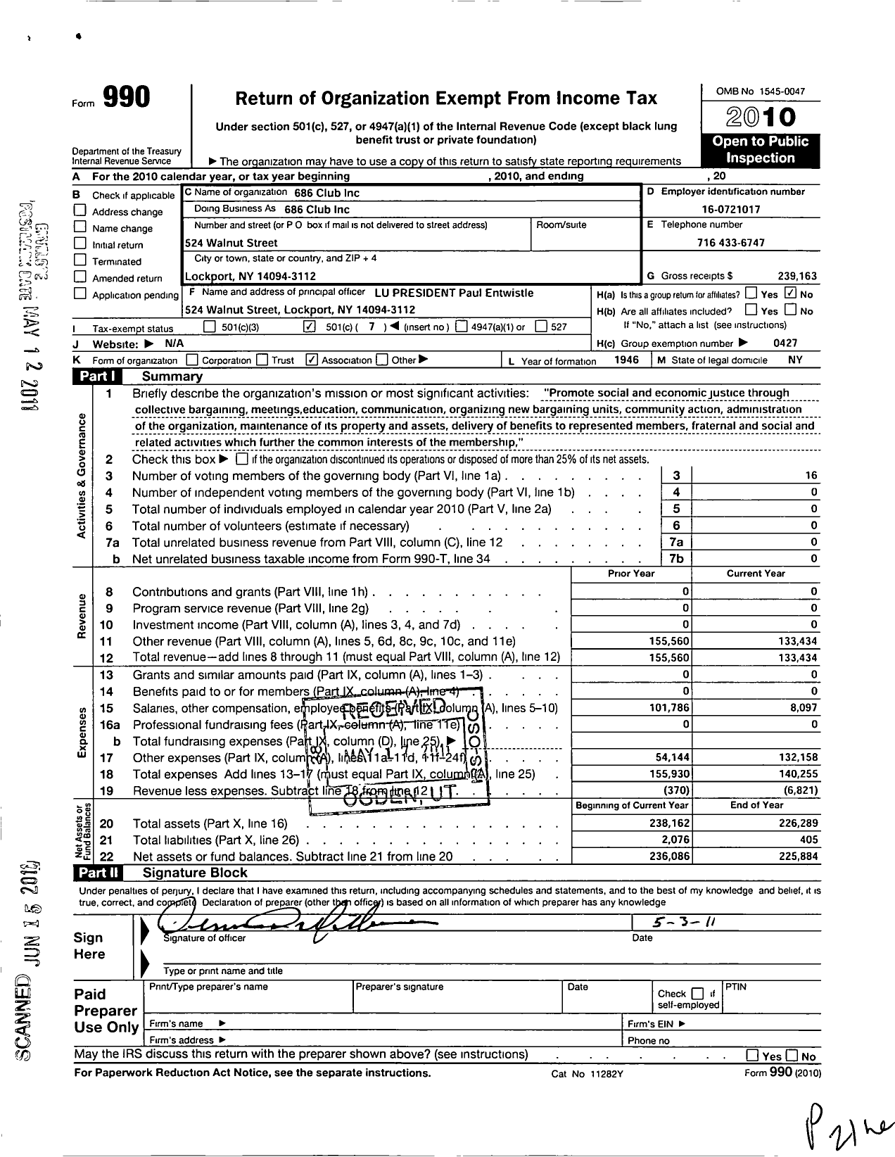 Image of first page of 2010 Form 990O for 686 Club