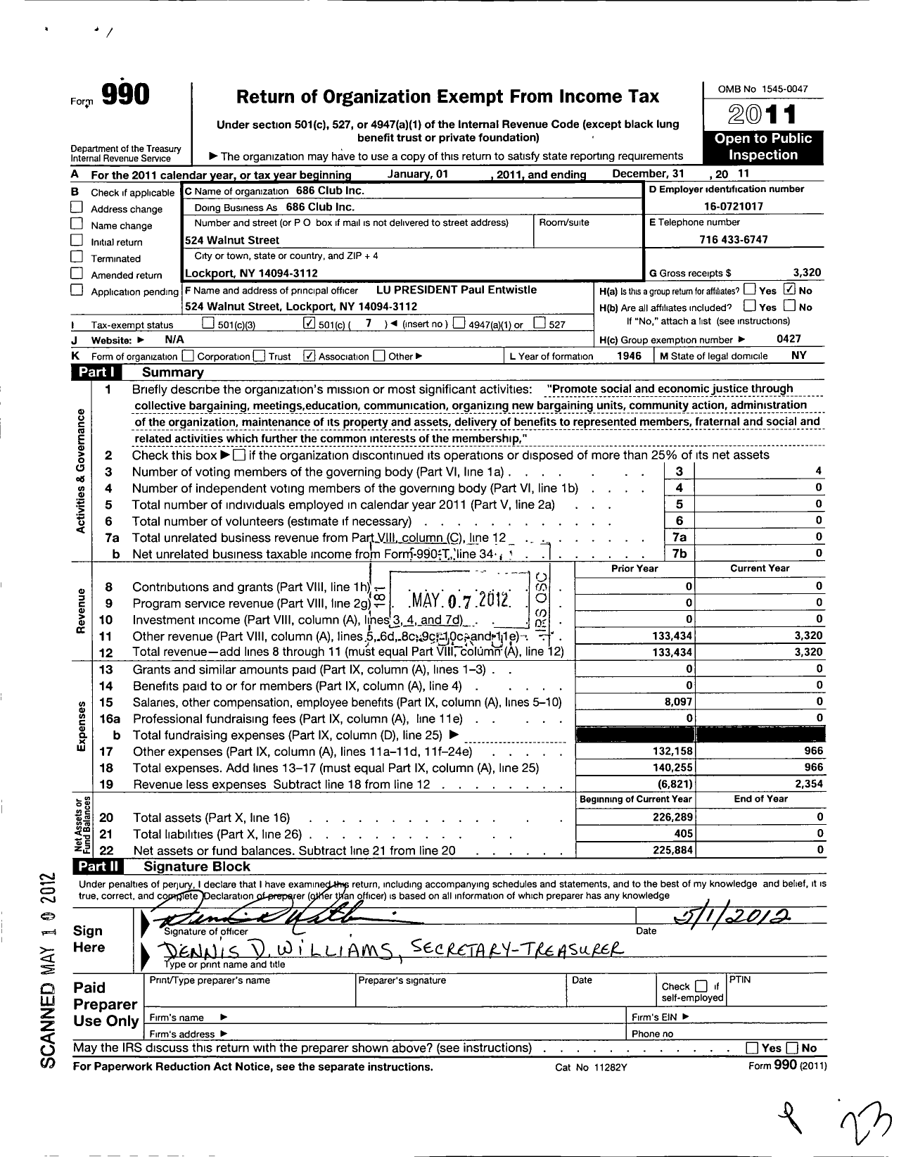 Image of first page of 2011 Form 990O for 686 Club