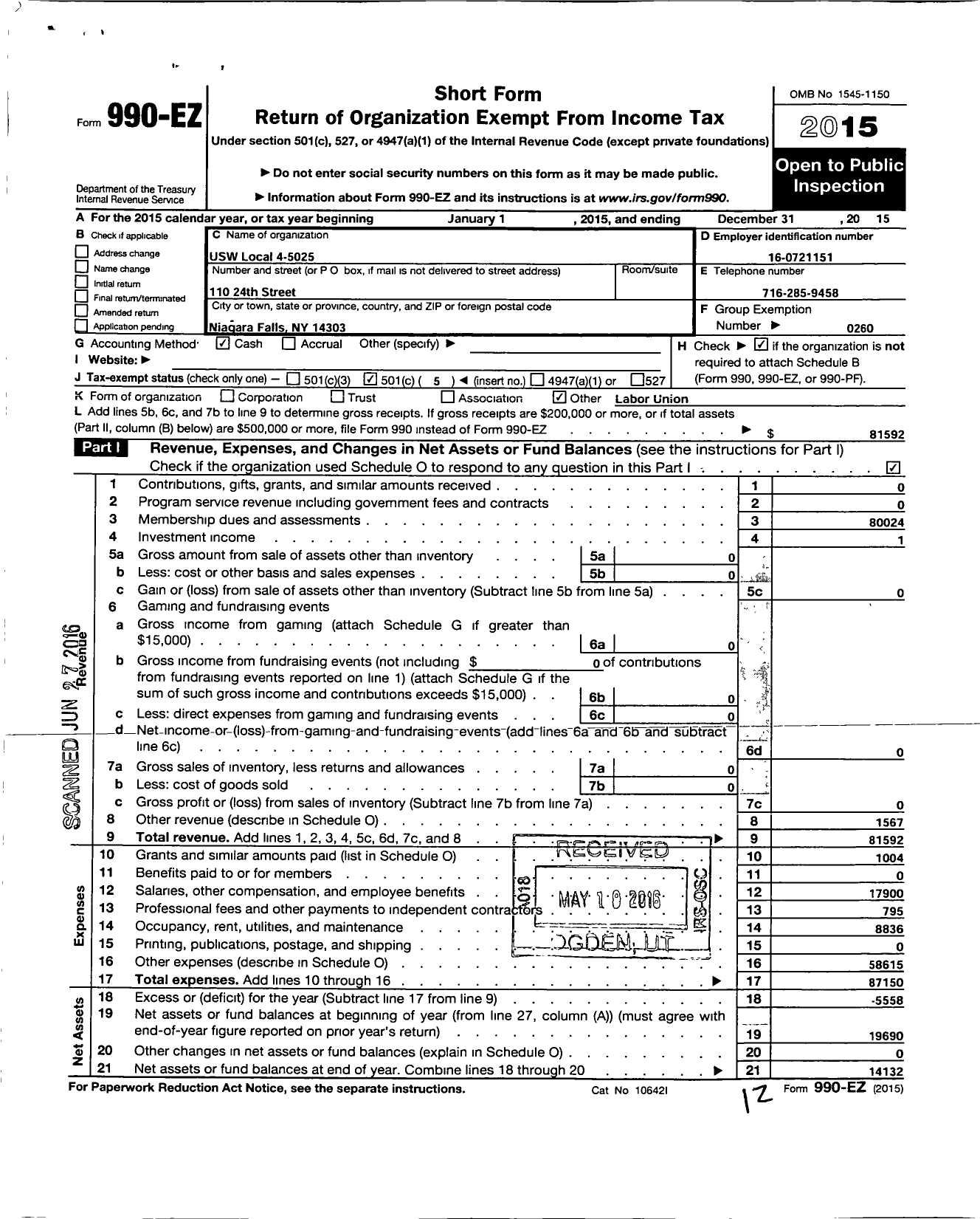 Image of first page of 2015 Form 990EO for United Steelworkers - 4-05025 Local