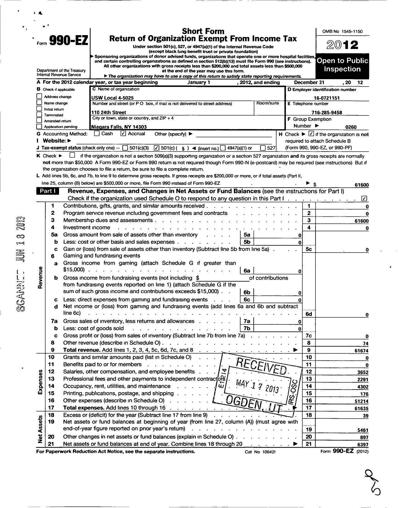 Image of first page of 2012 Form 990EO for United Steelworkers - 4-05025 Local