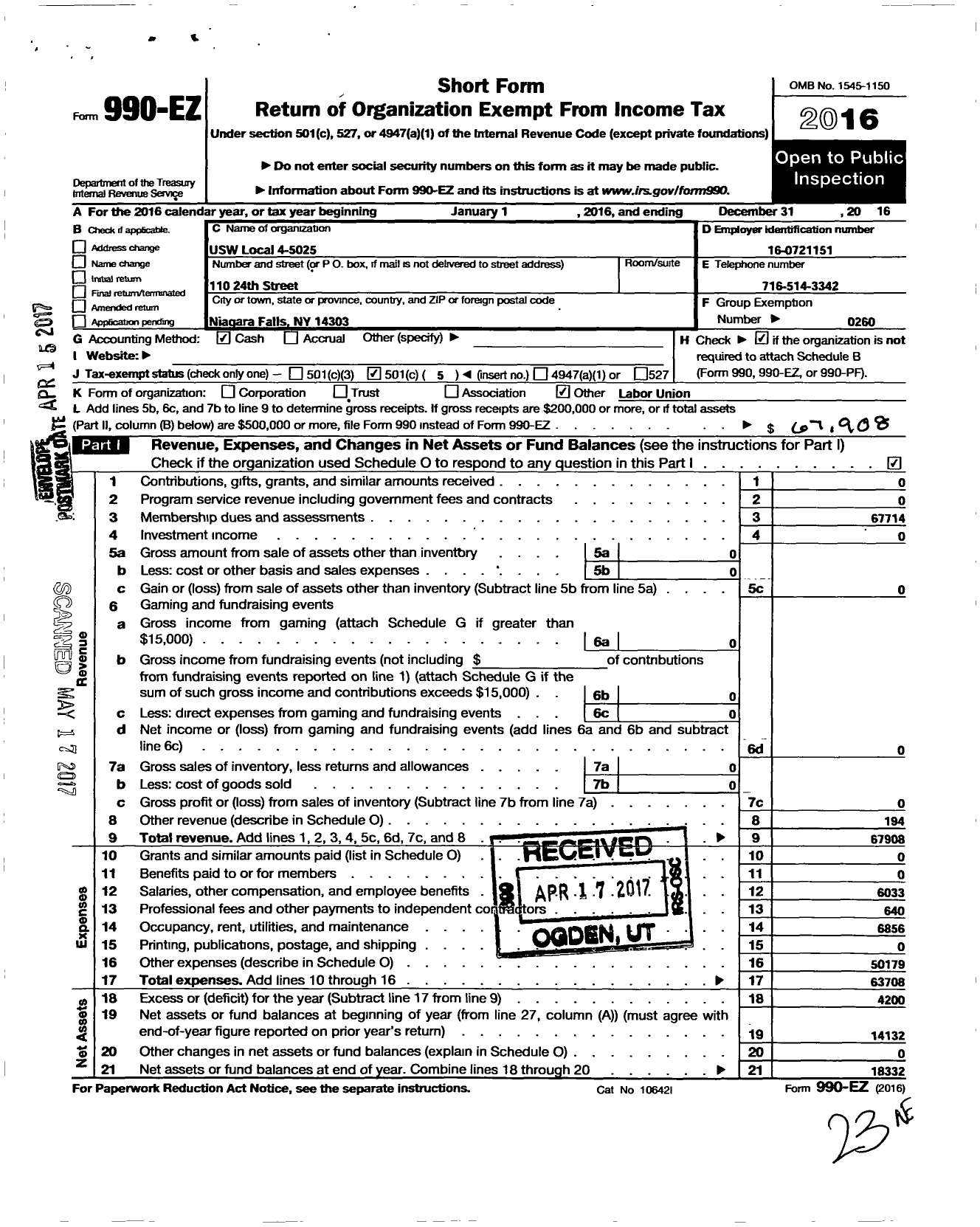 Image of first page of 2016 Form 990EO for United Steelworkers - 4-05025 Local