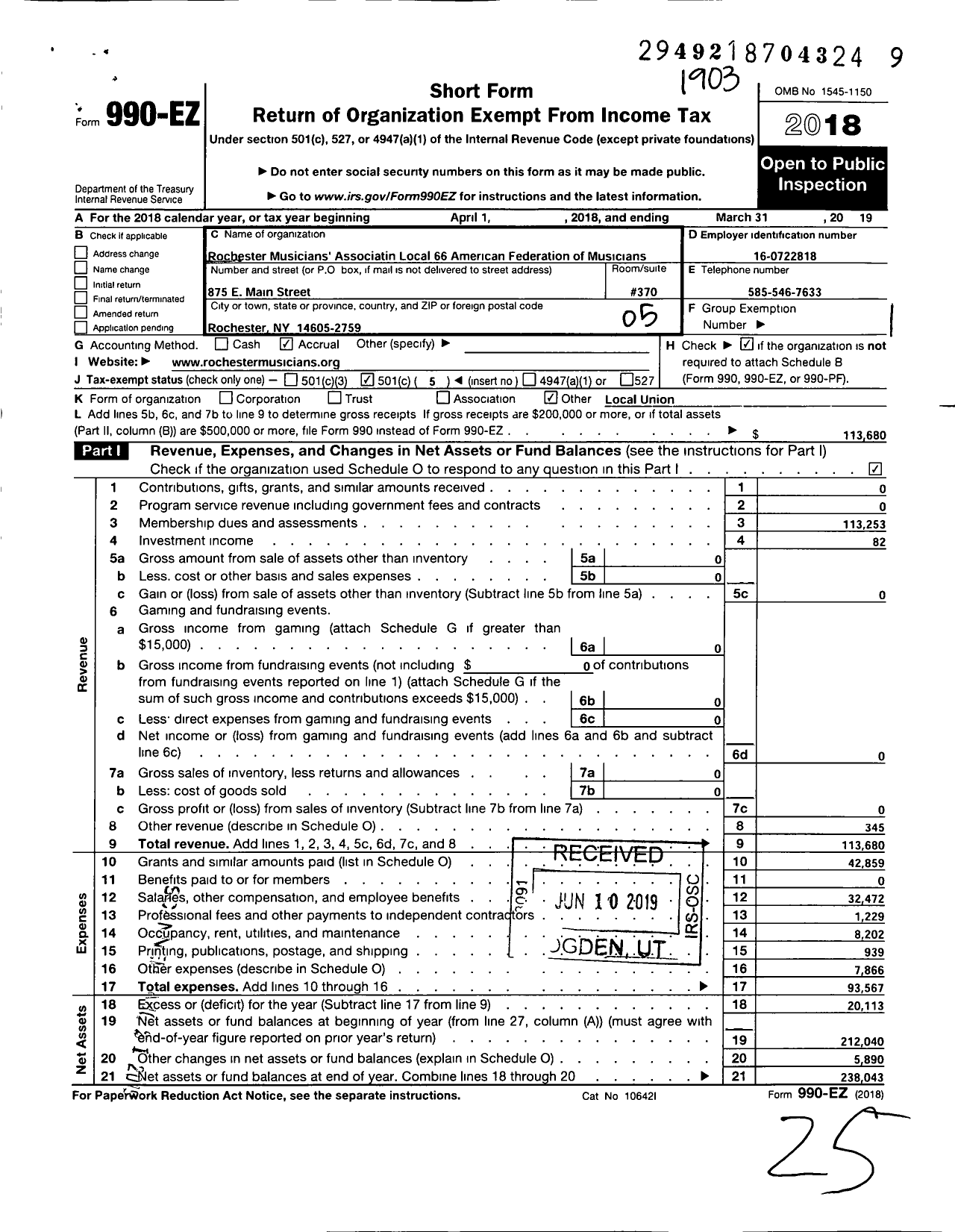 Image of first page of 2018 Form 990EO for Rochester Musicians Association Local 66 American Federation of Musicians