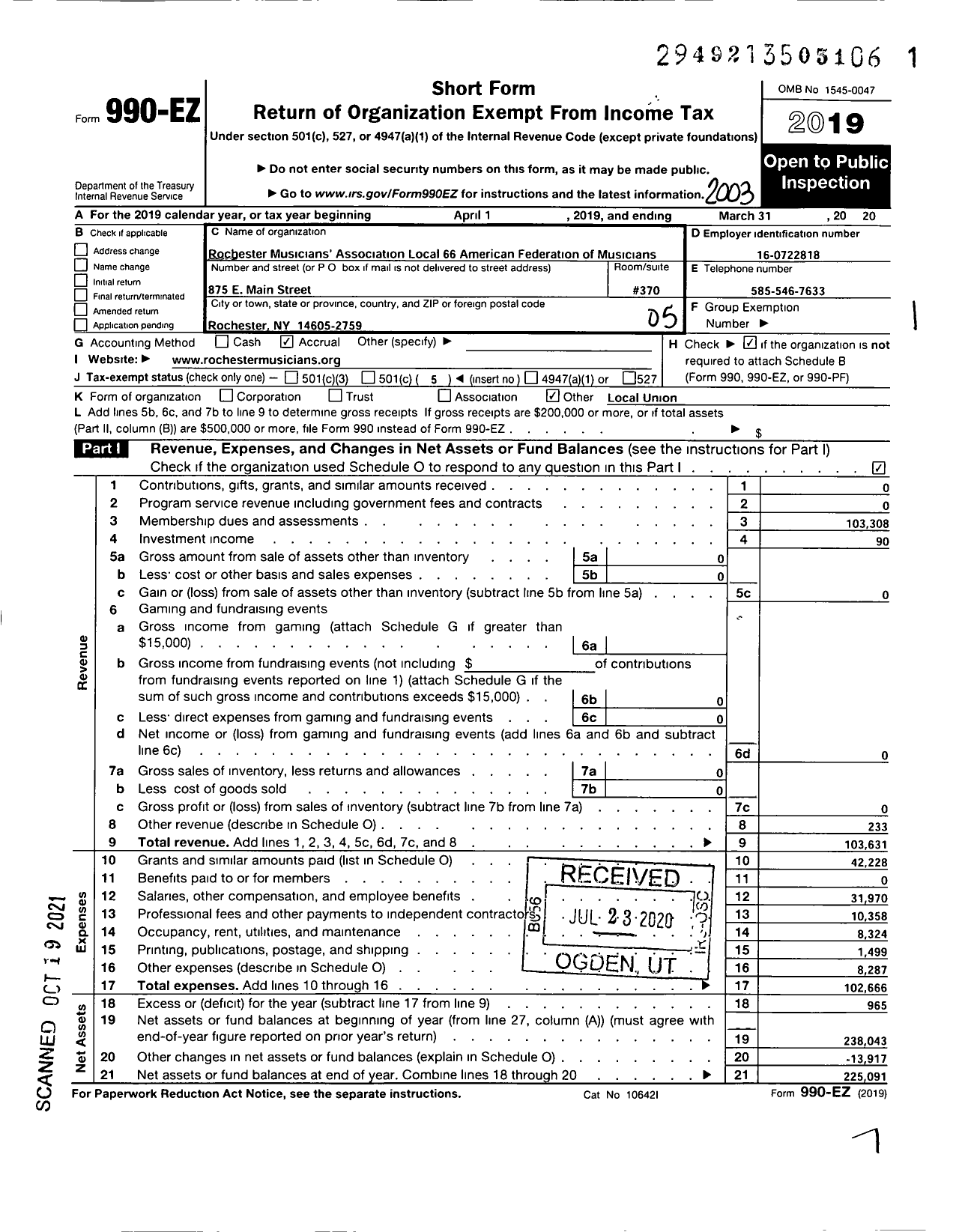 Image of first page of 2019 Form 990EO for Rochester Musicians Association Local 66 American Federation of Musicians