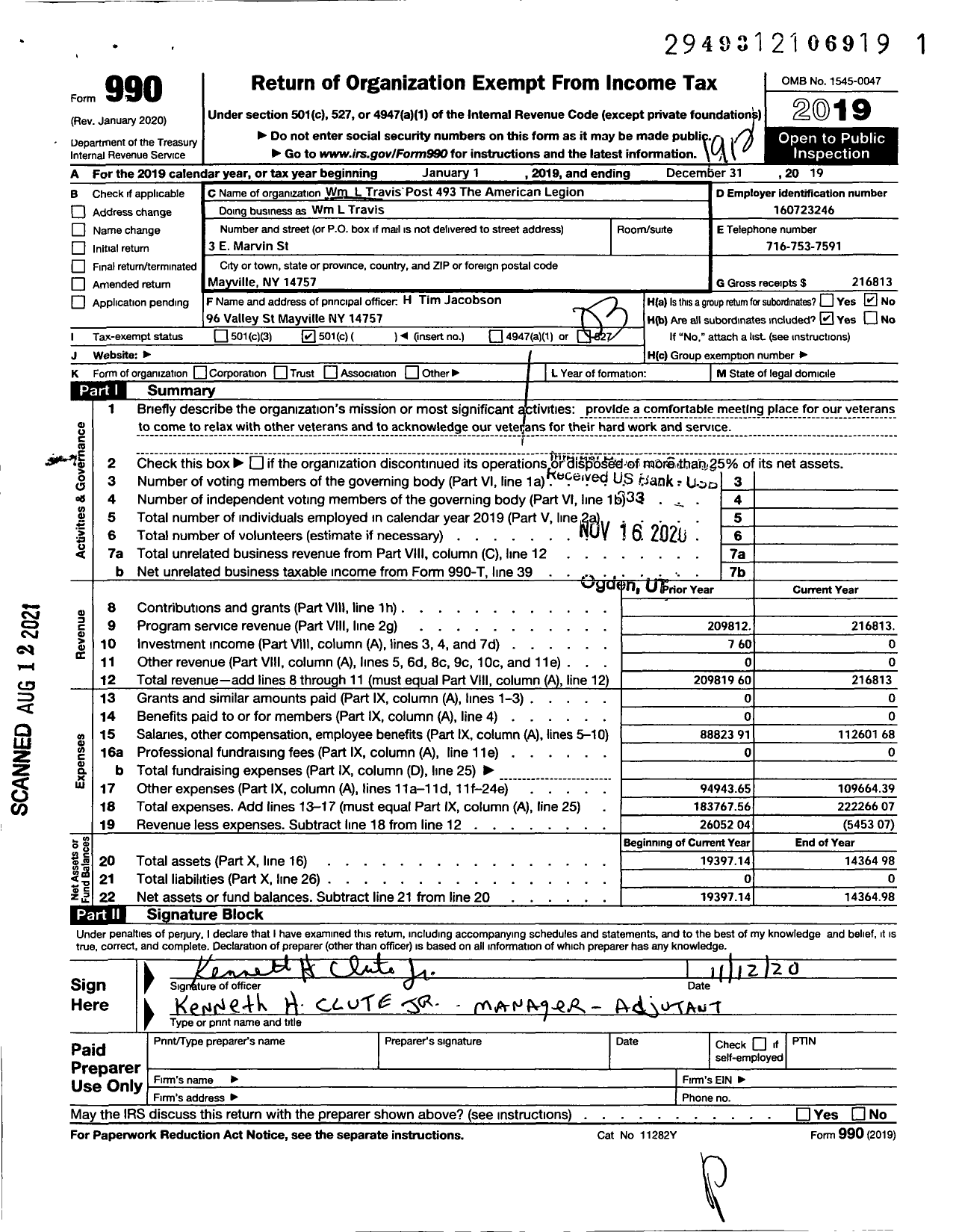 Image of first page of 2019 Form 990 for William L Travis