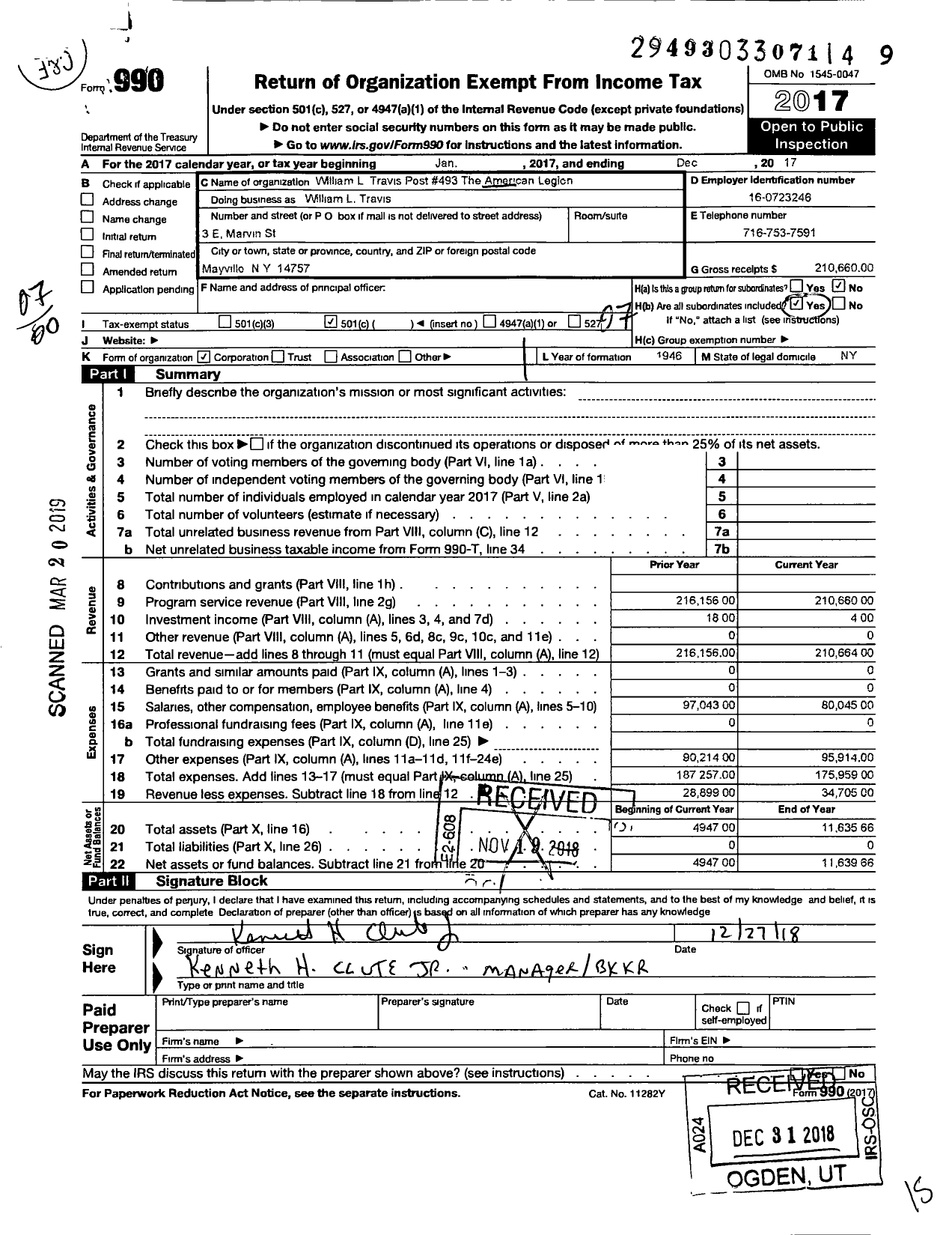 Image of first page of 2017 Form 990O for William L Travis