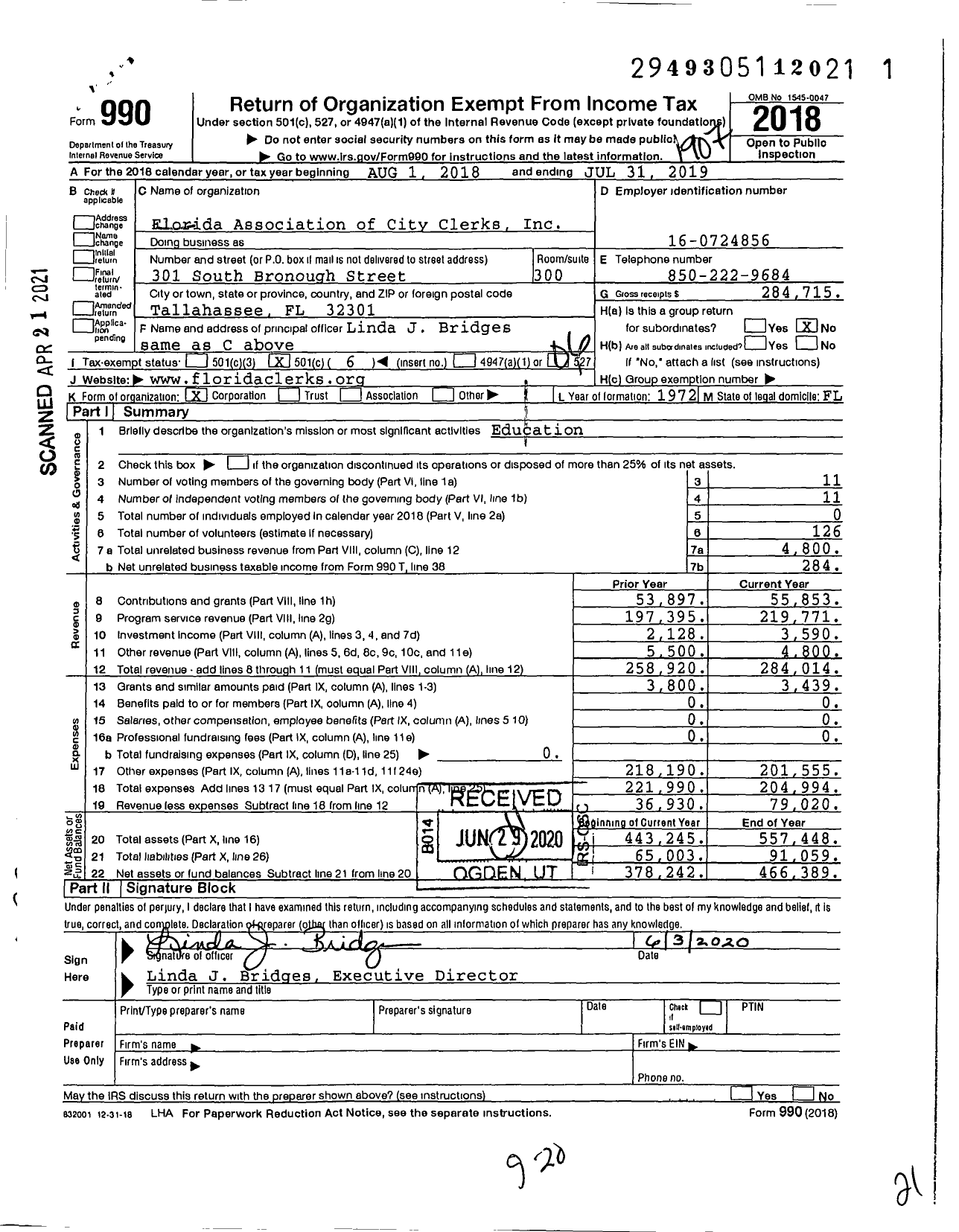 Image of first page of 2018 Form 990O for Florida Association of City Clerks